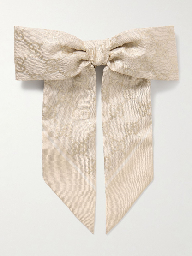 Bow-embellished printed silk-twill hair tie White 1