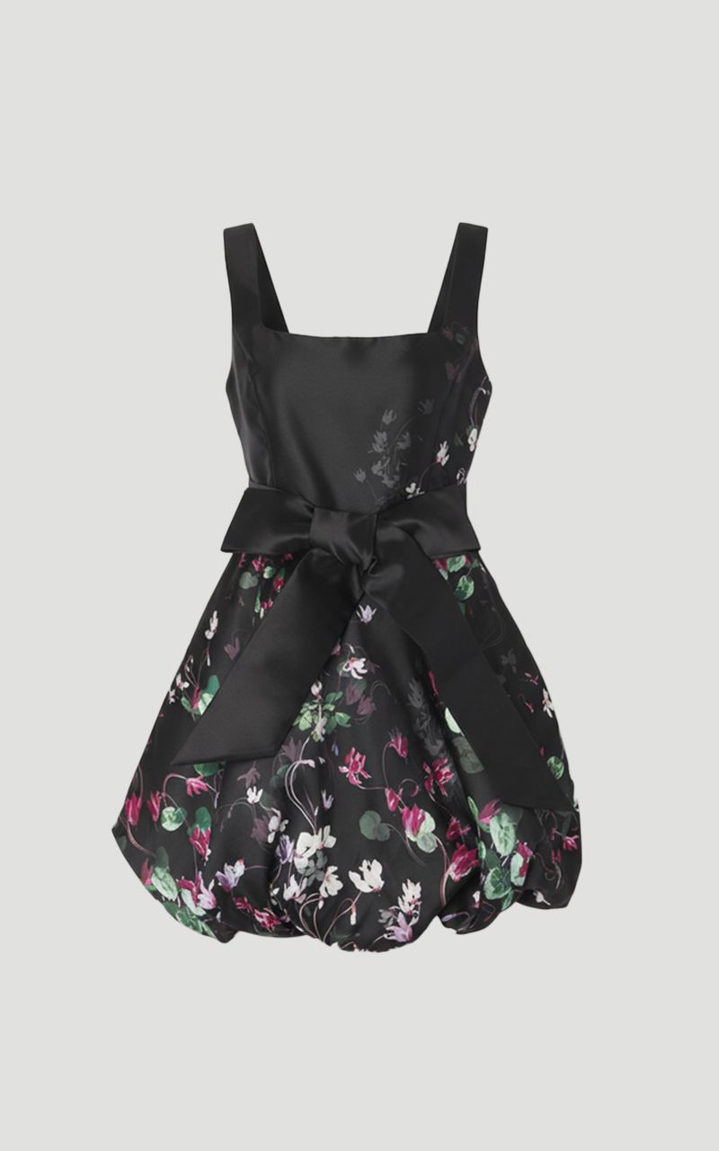 Scattered Floral Twill Mini Puff Ball Woven Dress 4