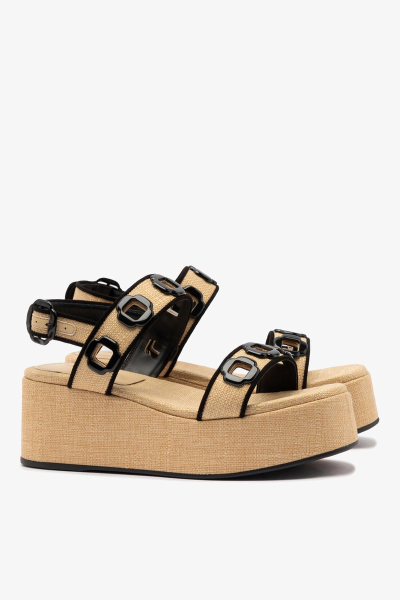 Milan Flatform In Beige Raffia and Black Trimming 3