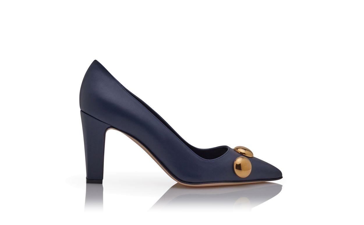 Navy Blue Calf Leather Pointed Toe Pumps - 1