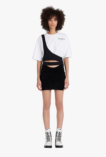 Destructured cropped white eco-designed cotton T-shirt with black Balmain logo - 4