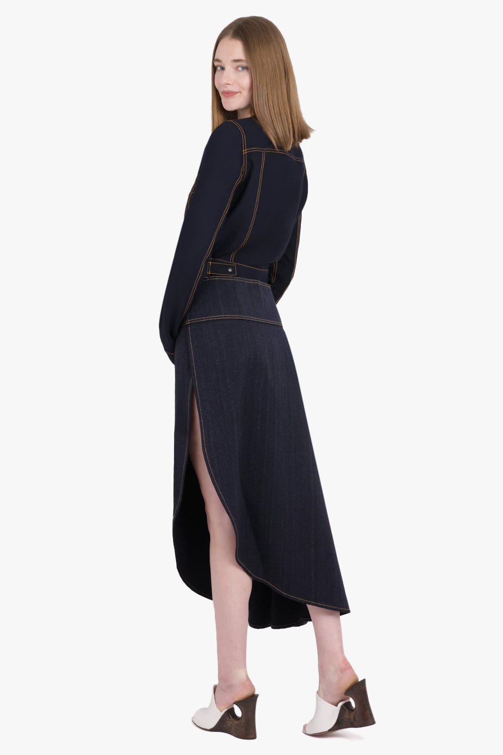ASYMMETRIC MIDI DENIM FLUID SKIRT | NIGHT BLUE - 4