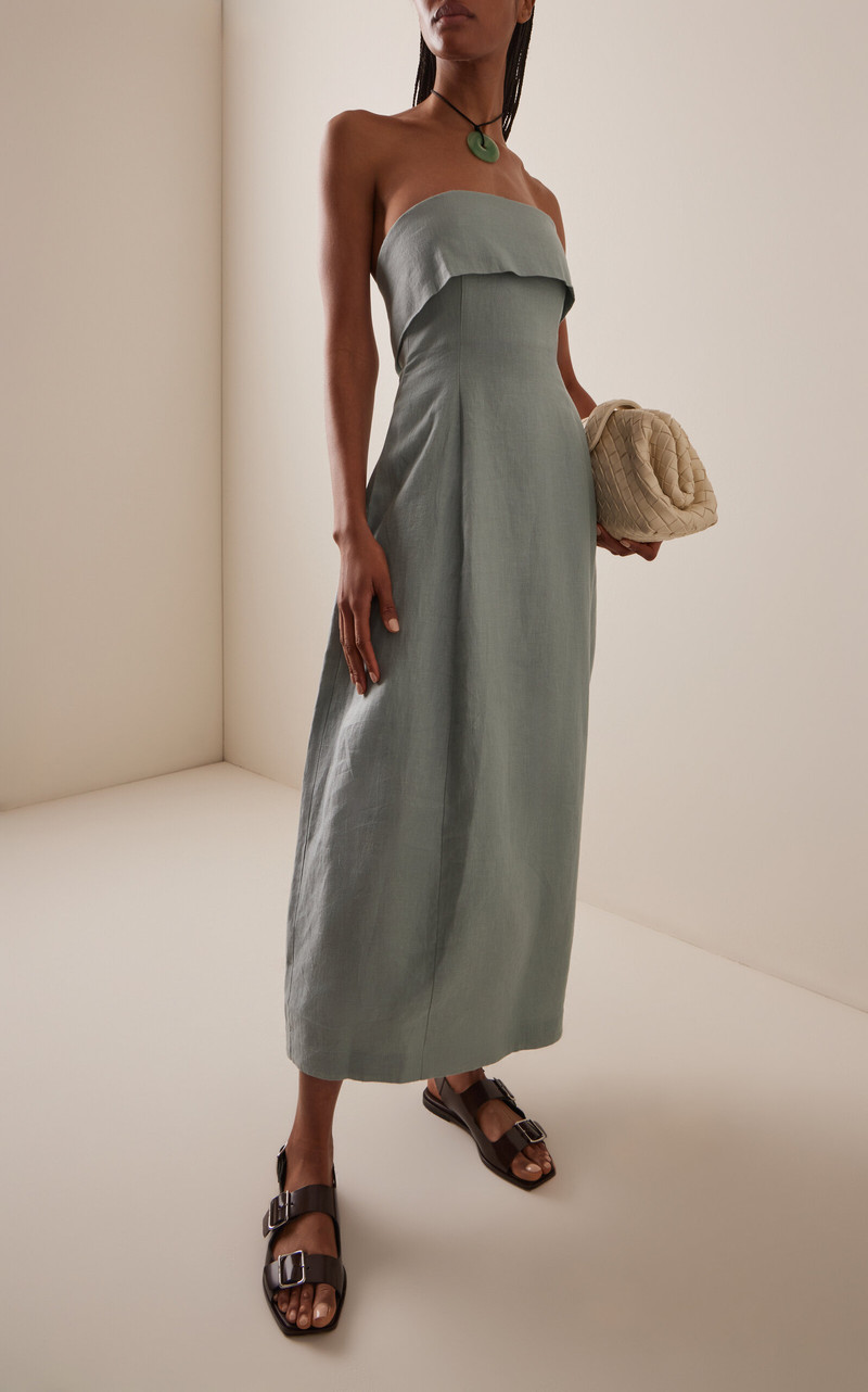 BONDI BORN Atami Strapless Linen-Twill Maxi Dress blue outlook
