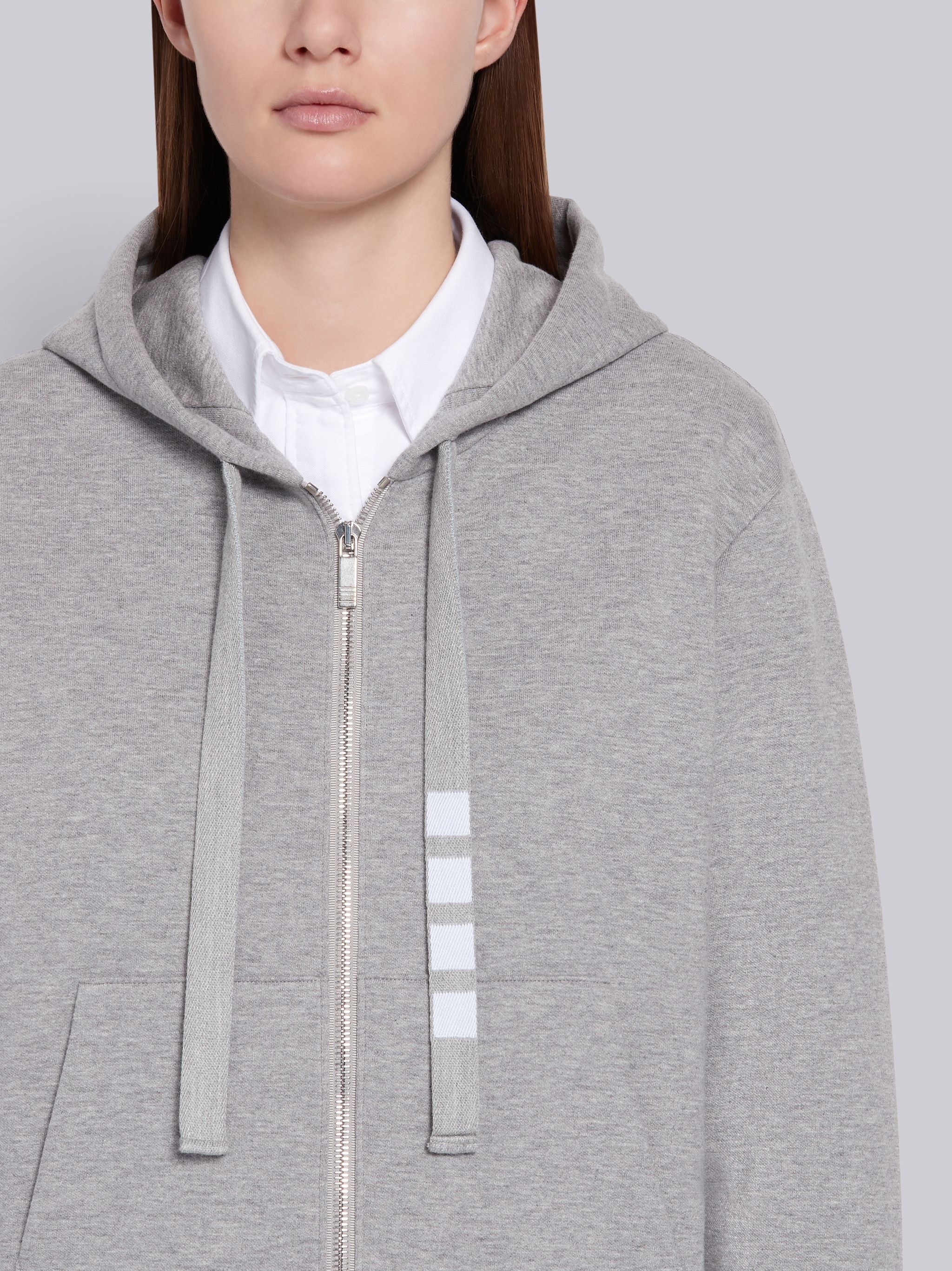 Light Grey Compact Double Knit Cotton Zip-up 4-Bar Hoodie - 5