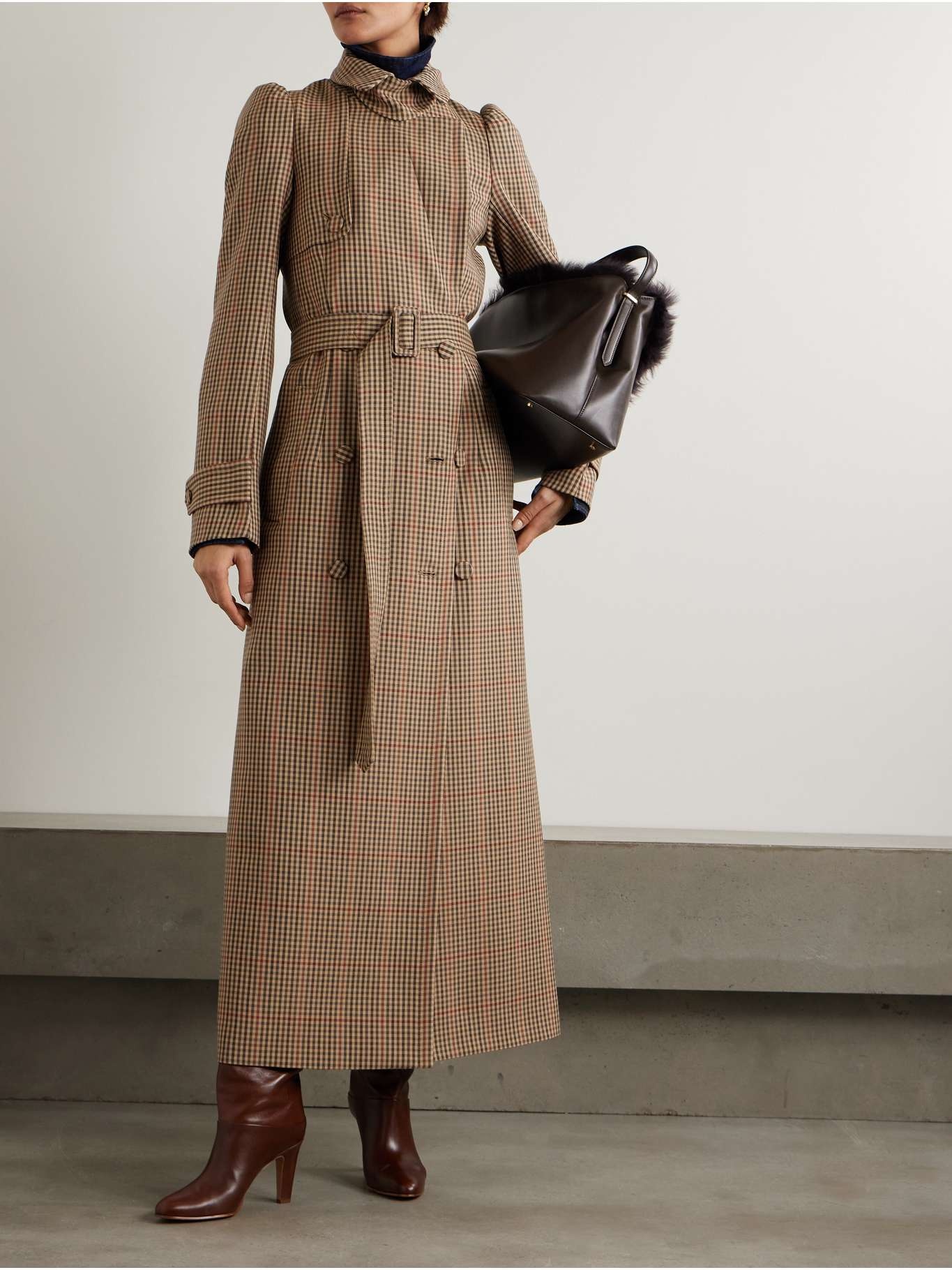 Belted double-breasted checked wool trench coat - 2