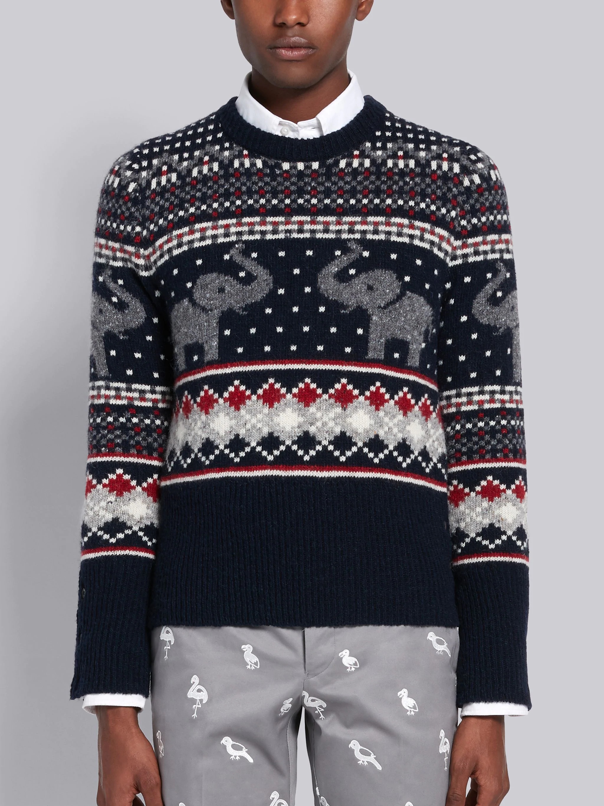 Tricolor Mohair Wool Elephant Icon Fair Isle Crewneck Pullover - 1