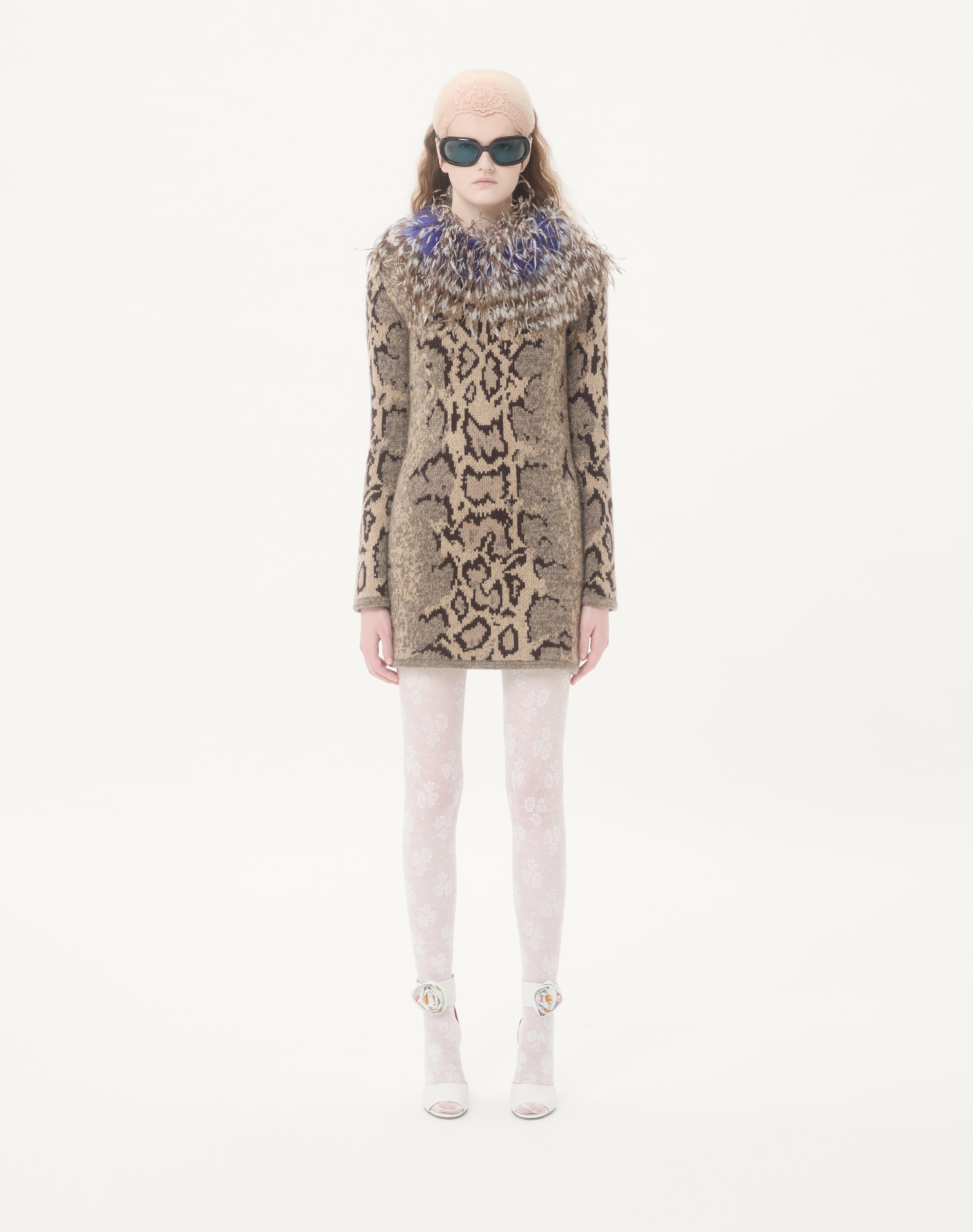 CASHMERE DRESS WITH ANIMAL PRINT AND FEATHERS - 4