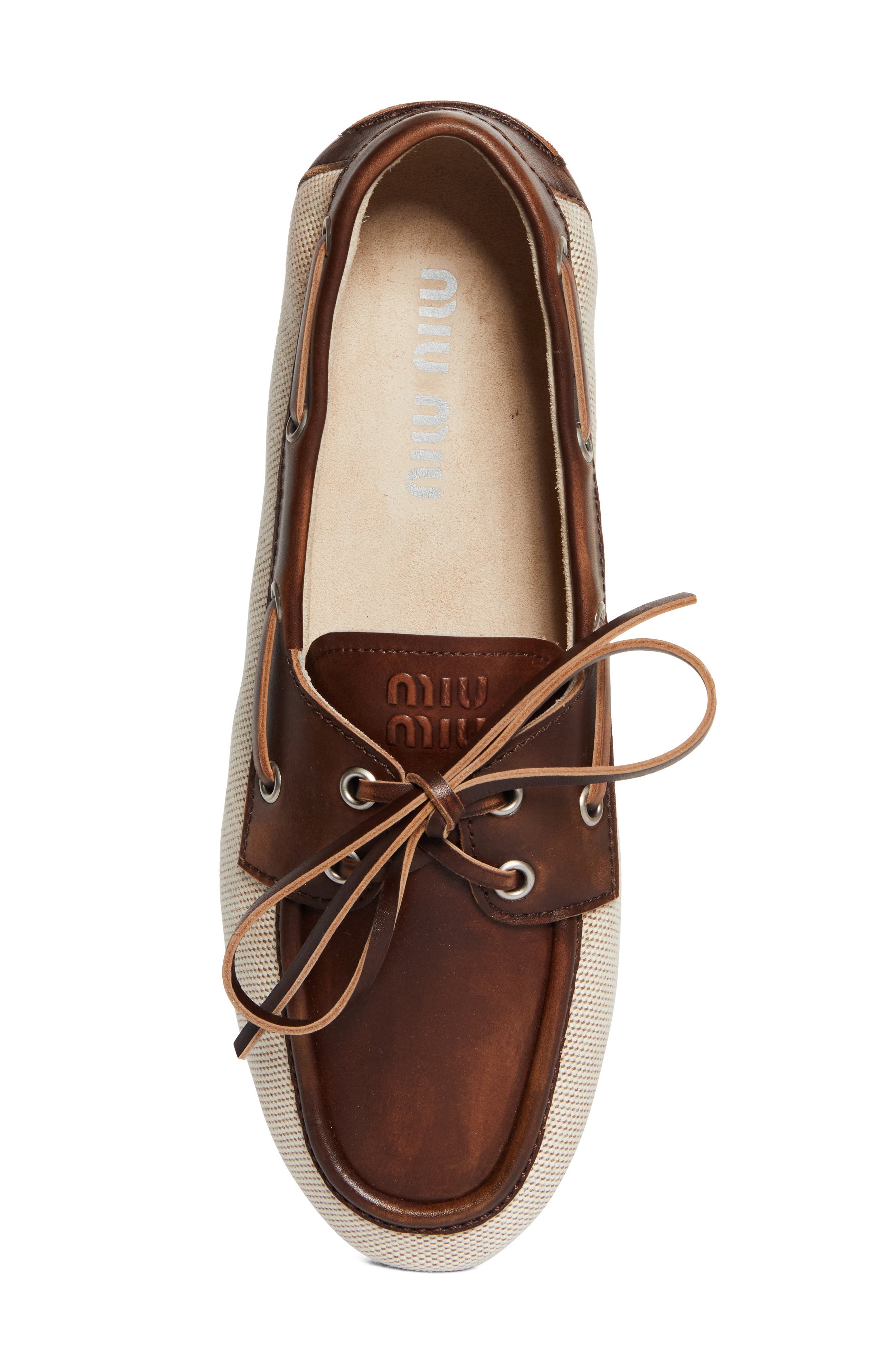Miu Miu Canvas & Leather Boat Shoe in Naturale/Bruciato at Nordstrom - 5