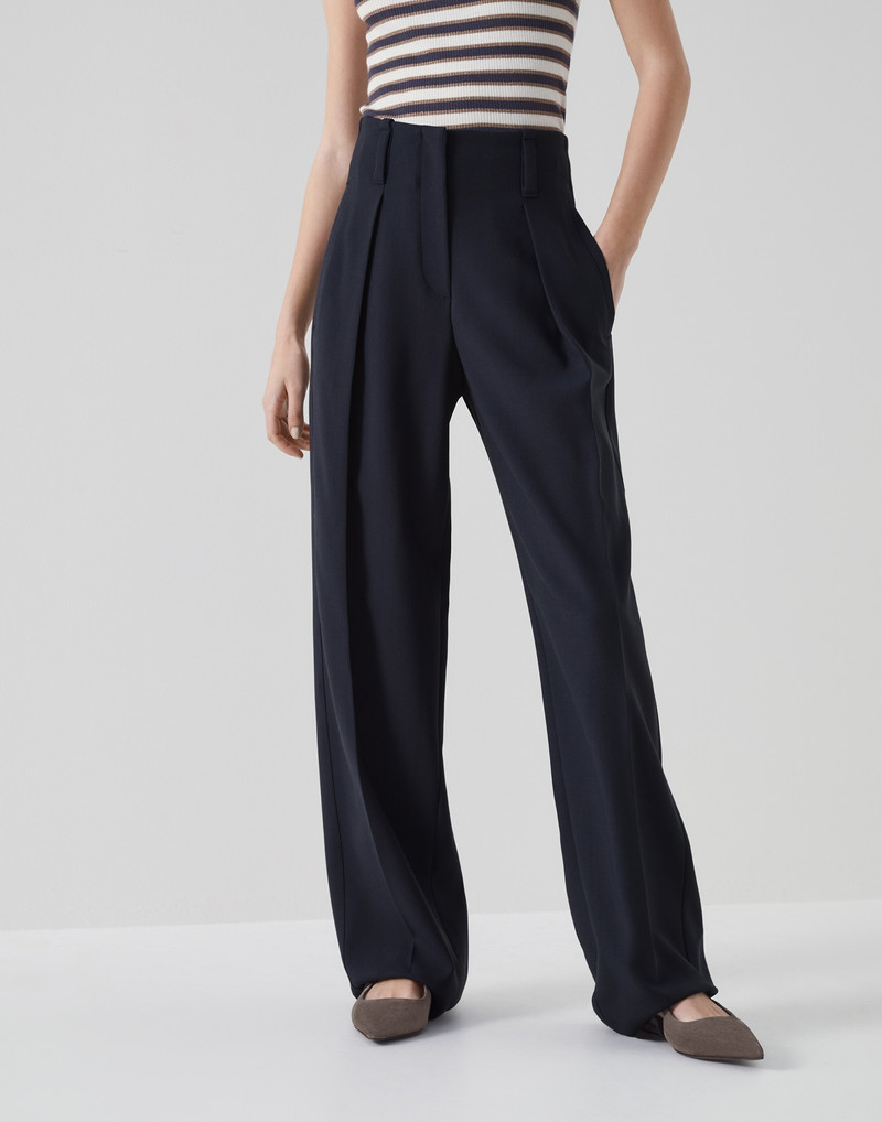 Comfort virgin wool crêpe double cloth wide trousers with reversed pleats and monili 1