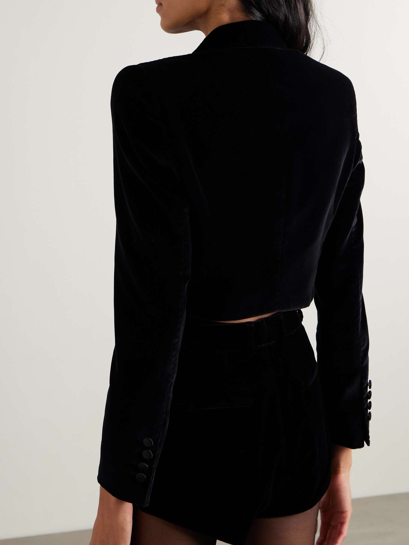 Cropped double-breasted satin-trimmed velvet blazer - 3