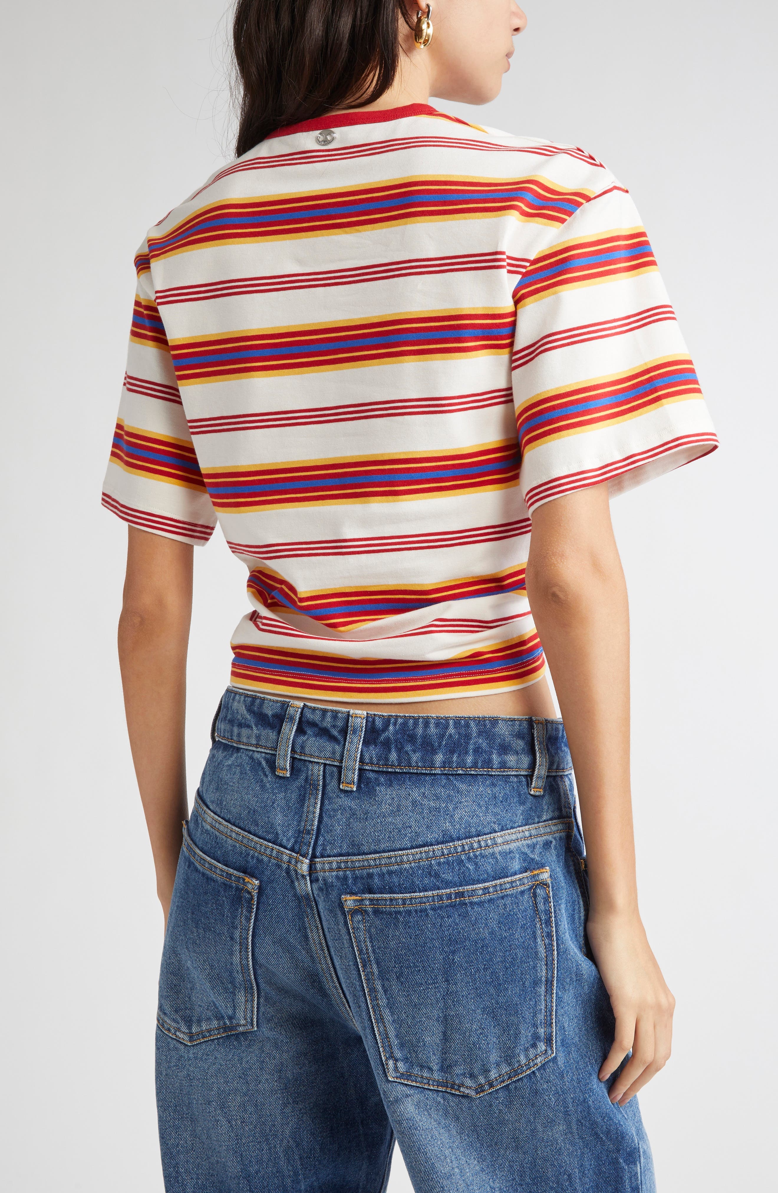 Rabanne Stripe Piercing Ring Crop T-Shirt in Stripes Cream /Orange / at Nordstrom - 3