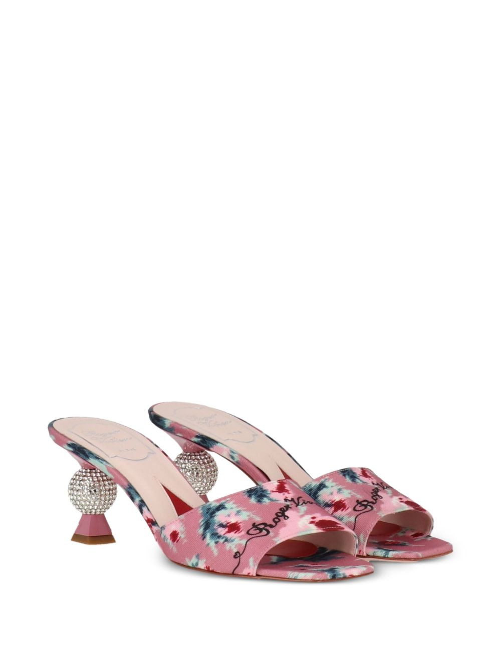 floral-print crystal-embellished mules - 2