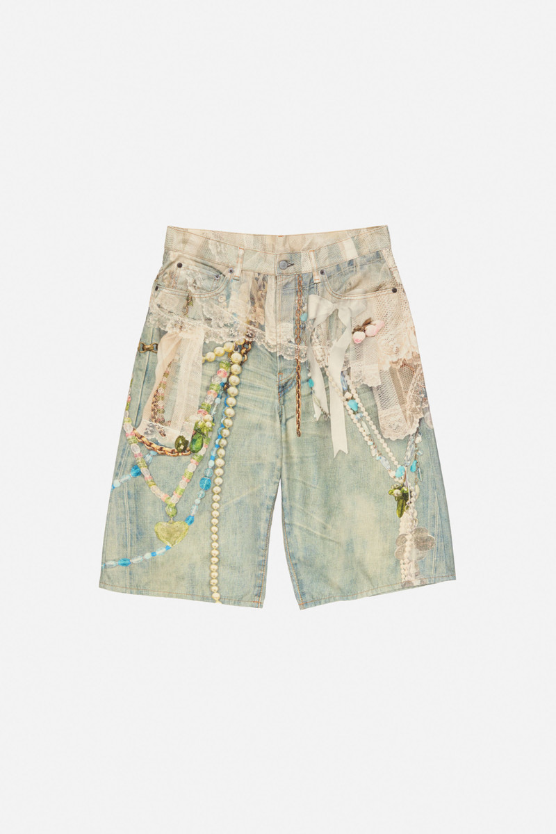 Denim shorts - loose fit - White/green 1