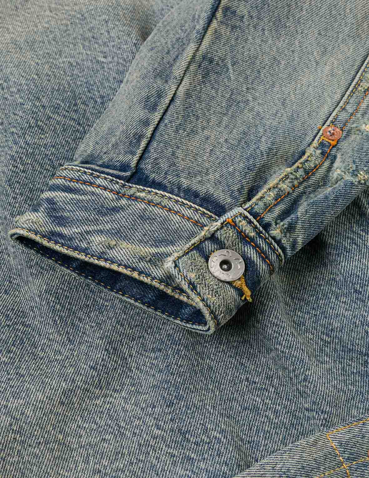 Distressed Seagull Print and Frayed Logo Patch Embroidery Relax Fit Denim Jacket - 16