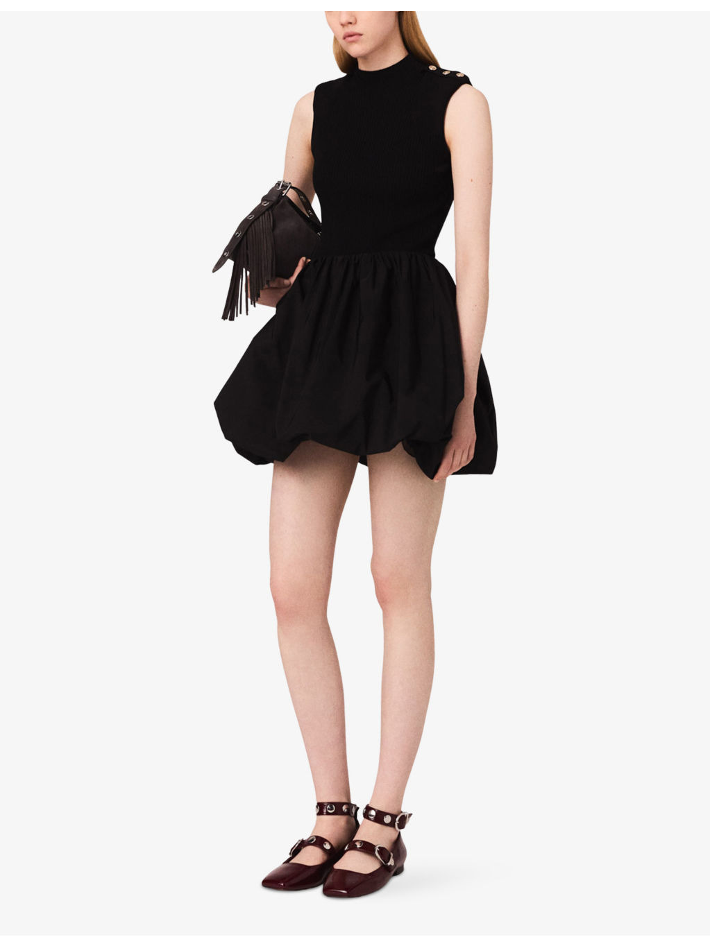 Button-Embellished Bubble-Hem Woven Mini Dress - 2