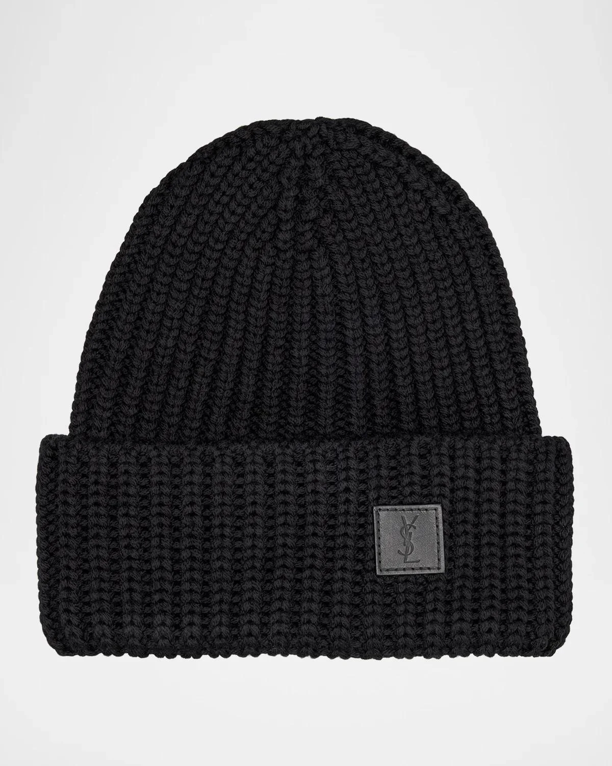 Men's Ribbed Wool YSL-Patch Beanie Hat - 1