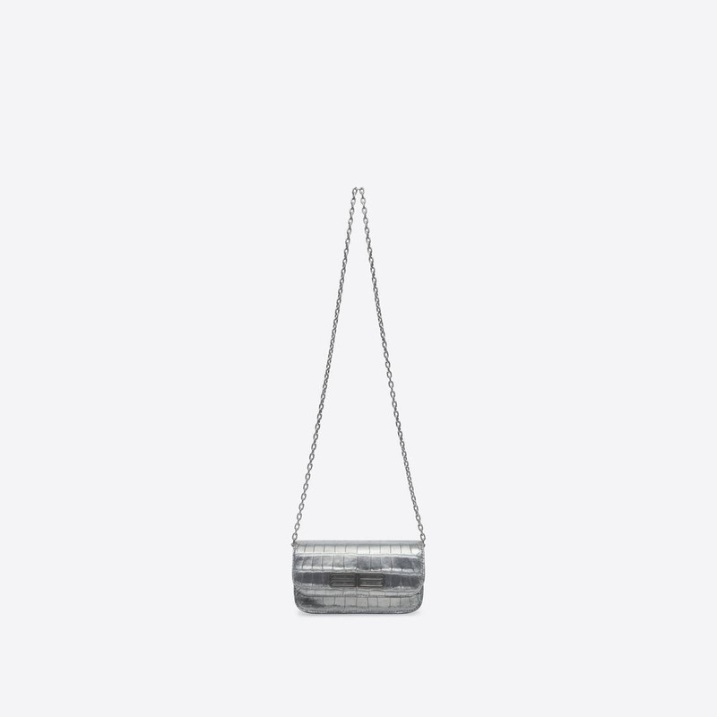 Women's Gossip Wallet On Chain Metallized Crocodile Embossed in Silver - 1