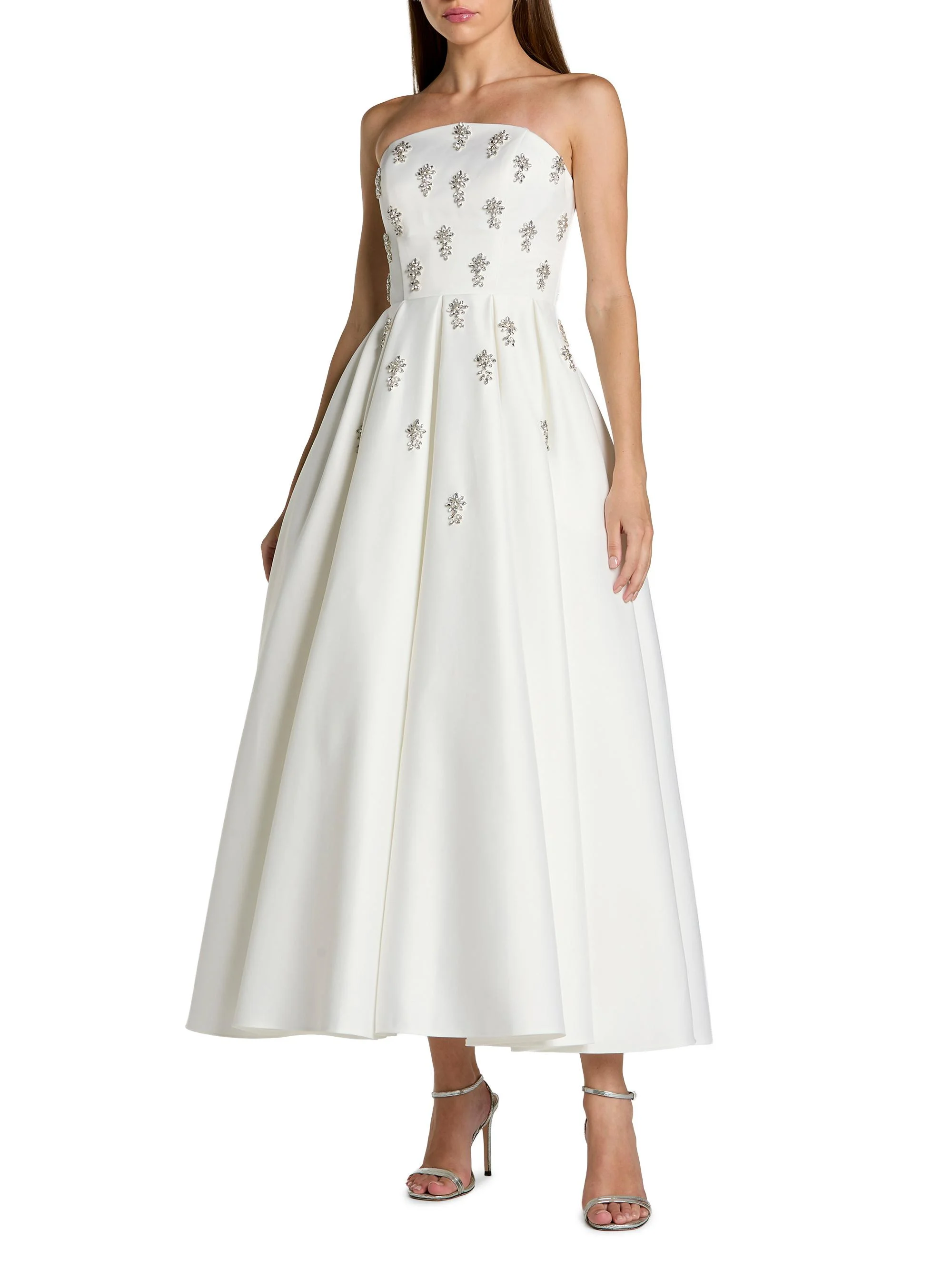 Women's Embellished Satin Strapless Tea-Length Dress - Ivory - 1