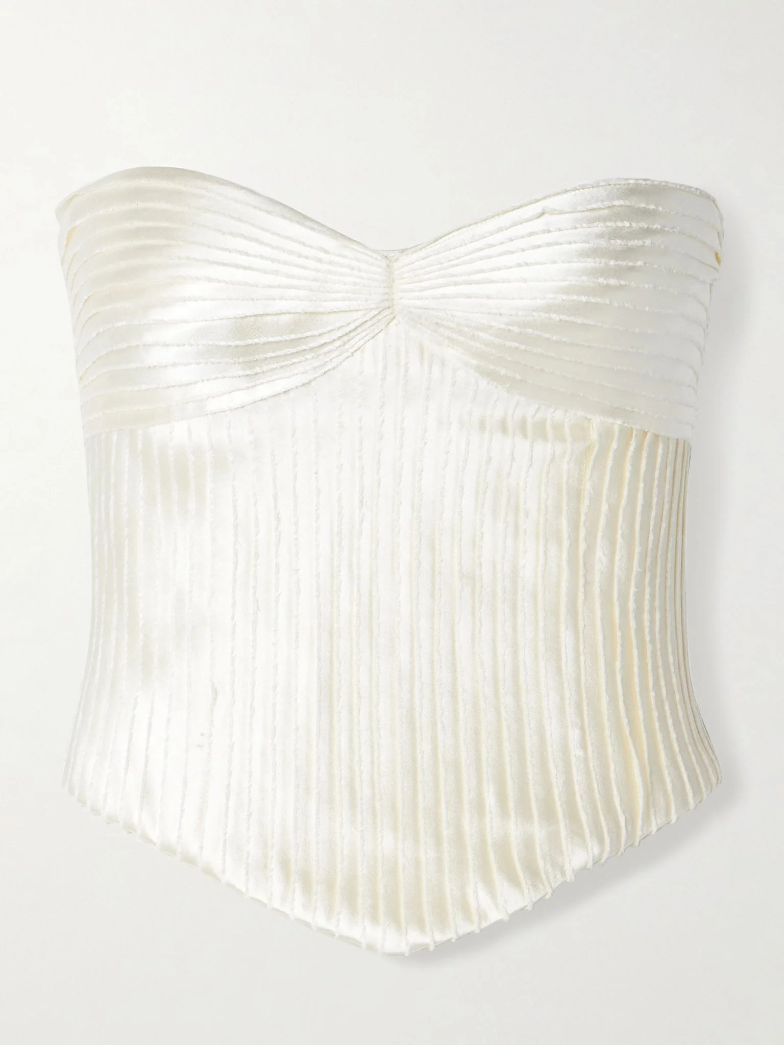 Ella strapless frayed pintucked silk and wool-blend satin bustier top Off-white - 1