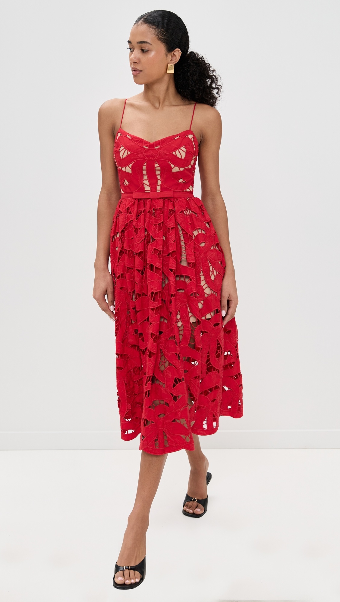 Red Bow Embroidered Midi Dress - 6