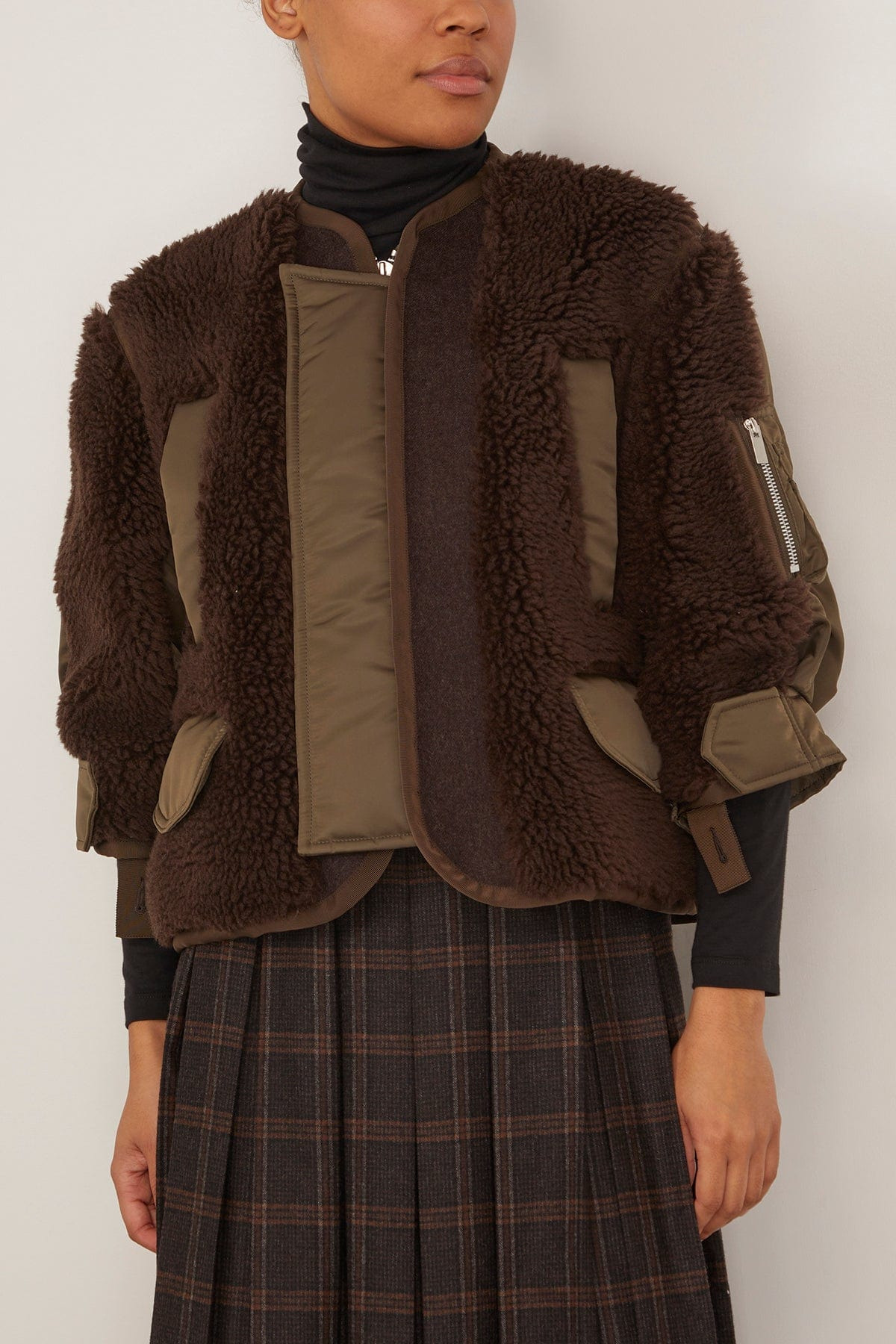 Faux Shearling Nylon Twill Blouson in Brown/Dark Khaki - 3