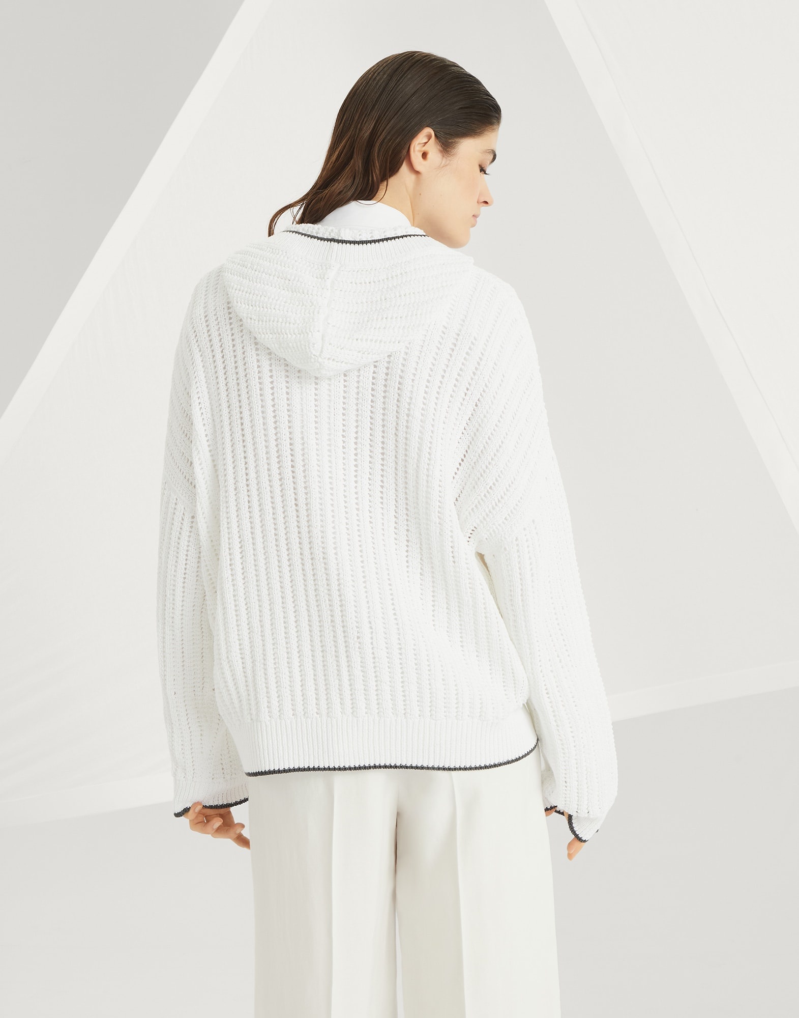 Openwork rib knit hooded sweatshirt in cotton with monili - 2
