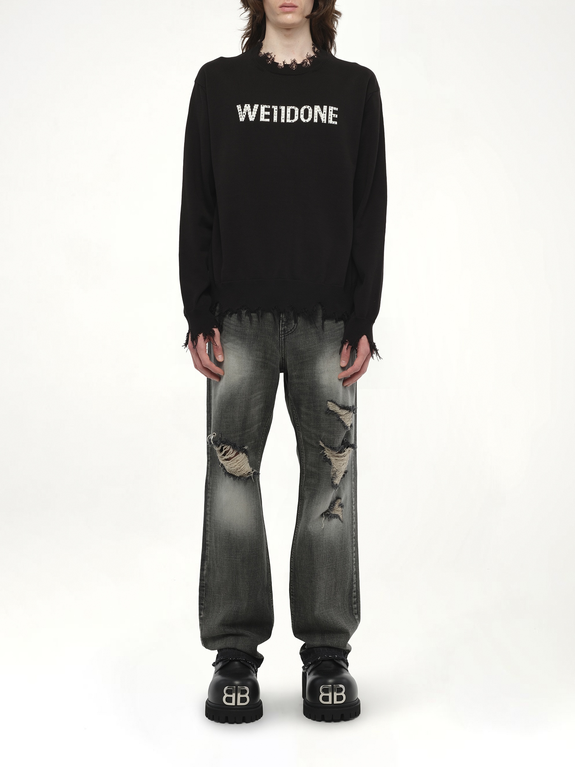 Grunge Rhinestone Logo Sweater in Black - 7