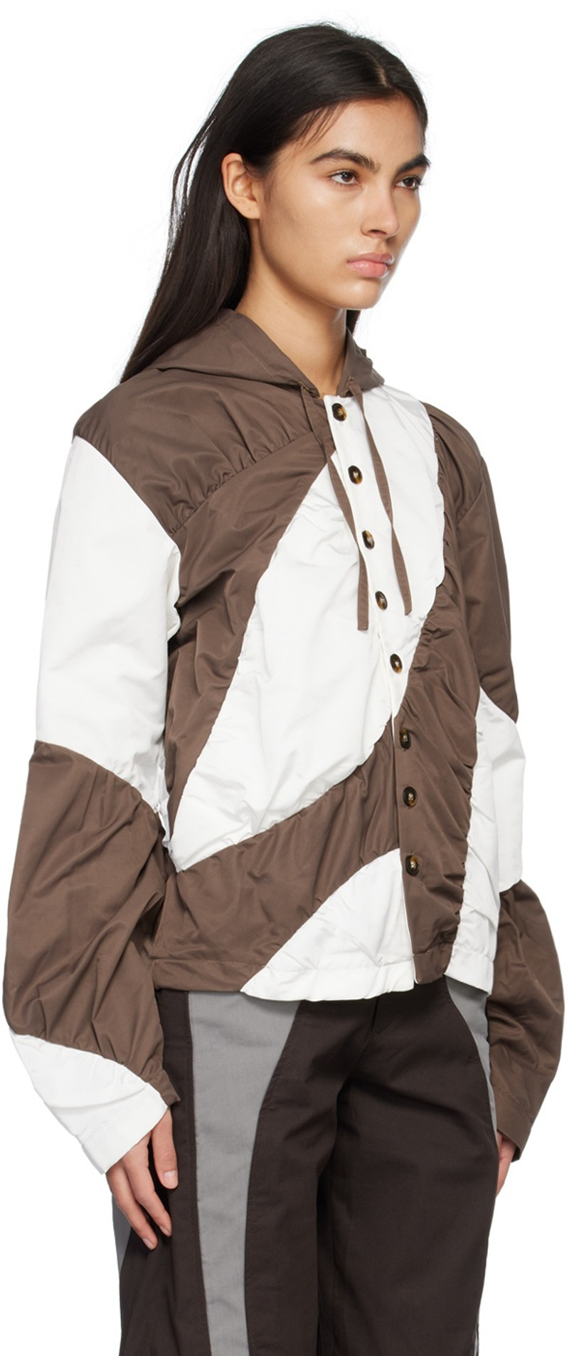 STRONGTHE Brown & White Paneled Hoodie outlook
