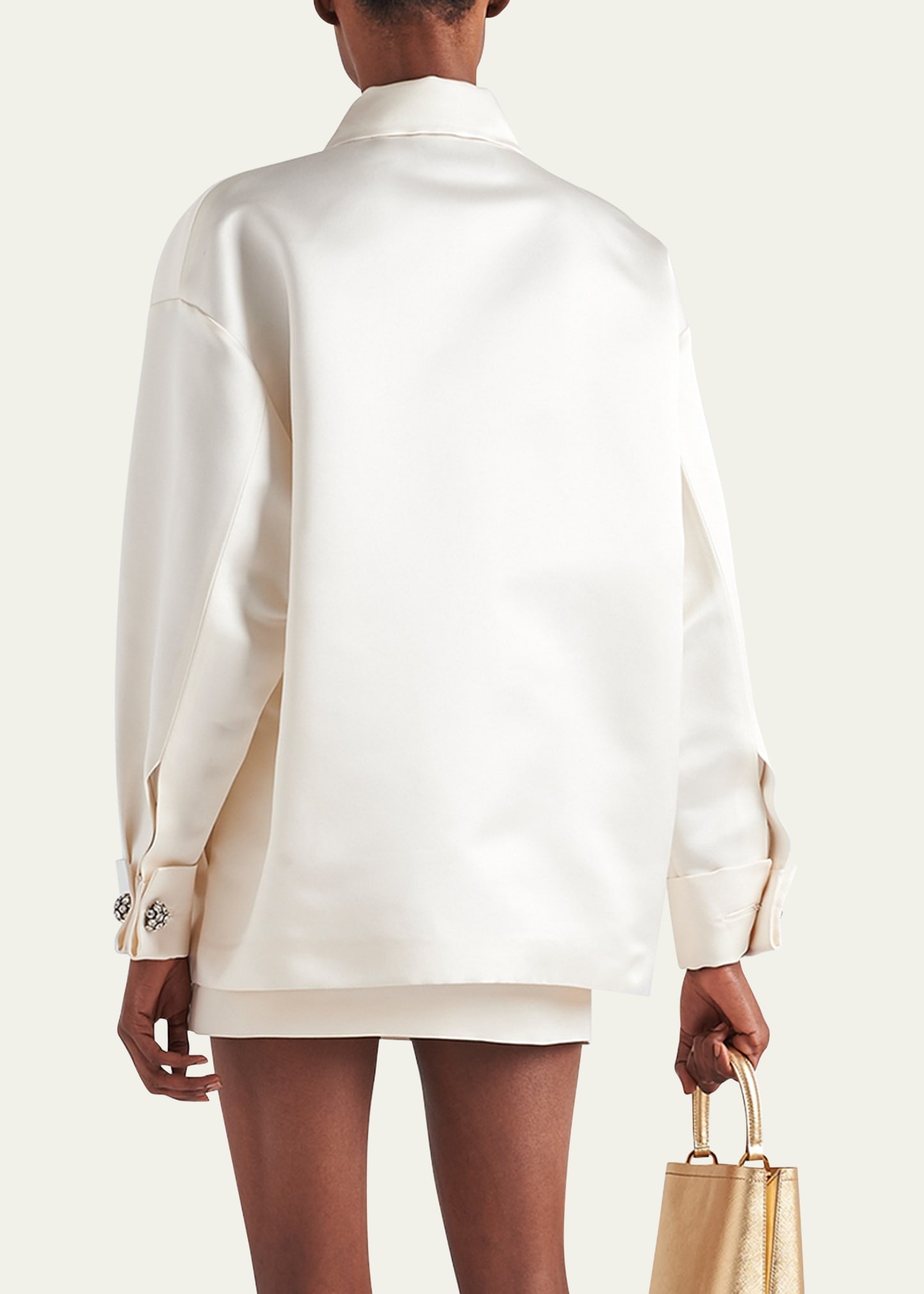 Boxy Crystal Button Satin Double Shirt - 3