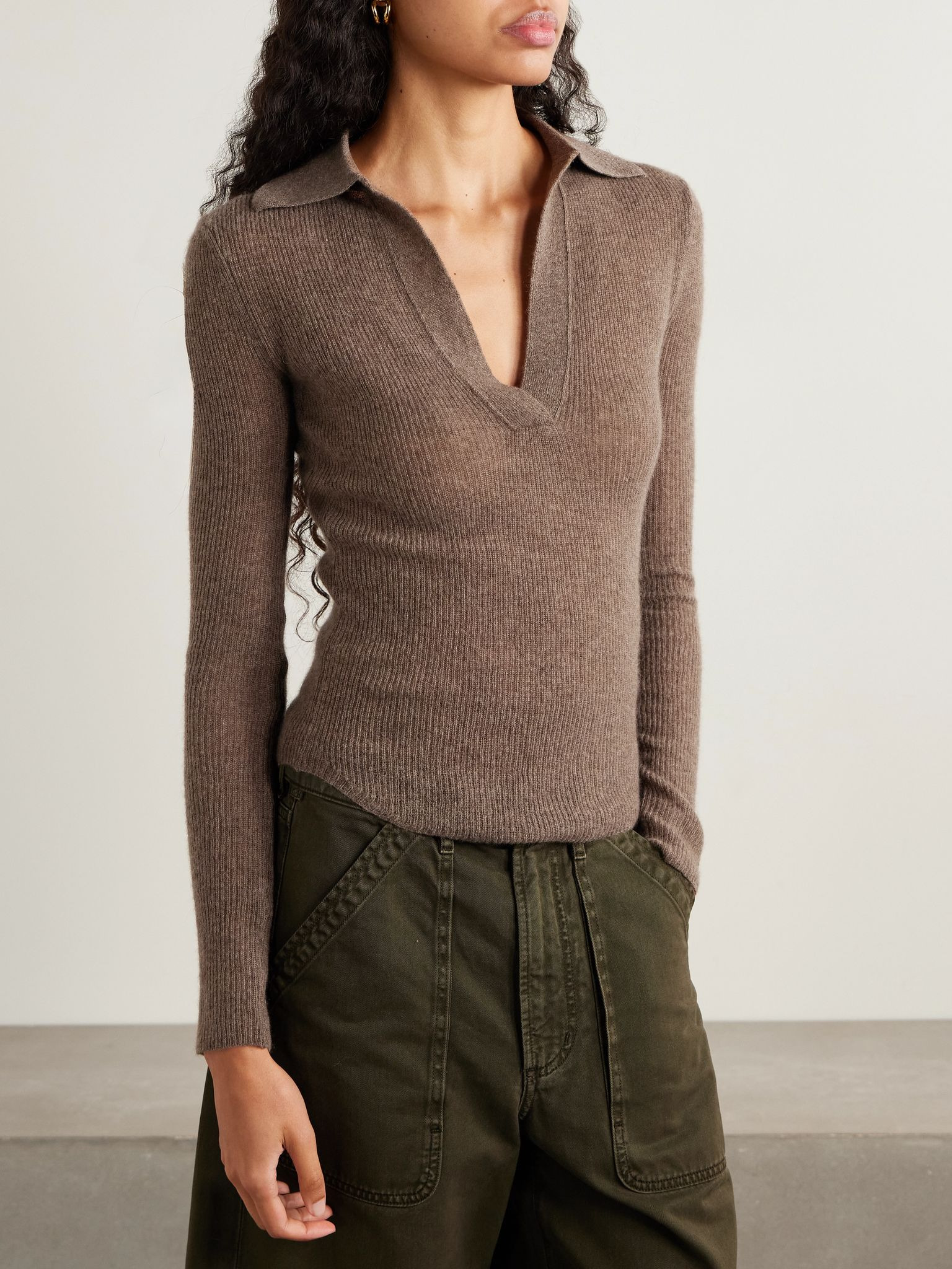 Simone ribbed wool and cashmere-blend polo sweater Brown - 3