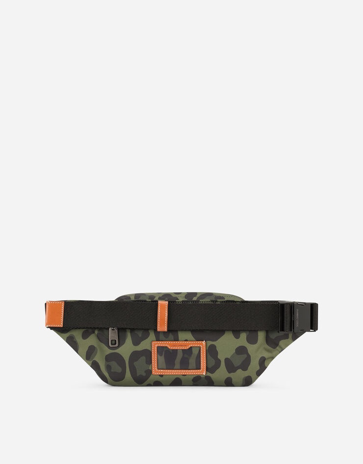 Nylon belt bag with leopard print against a green background and branded plate - 4