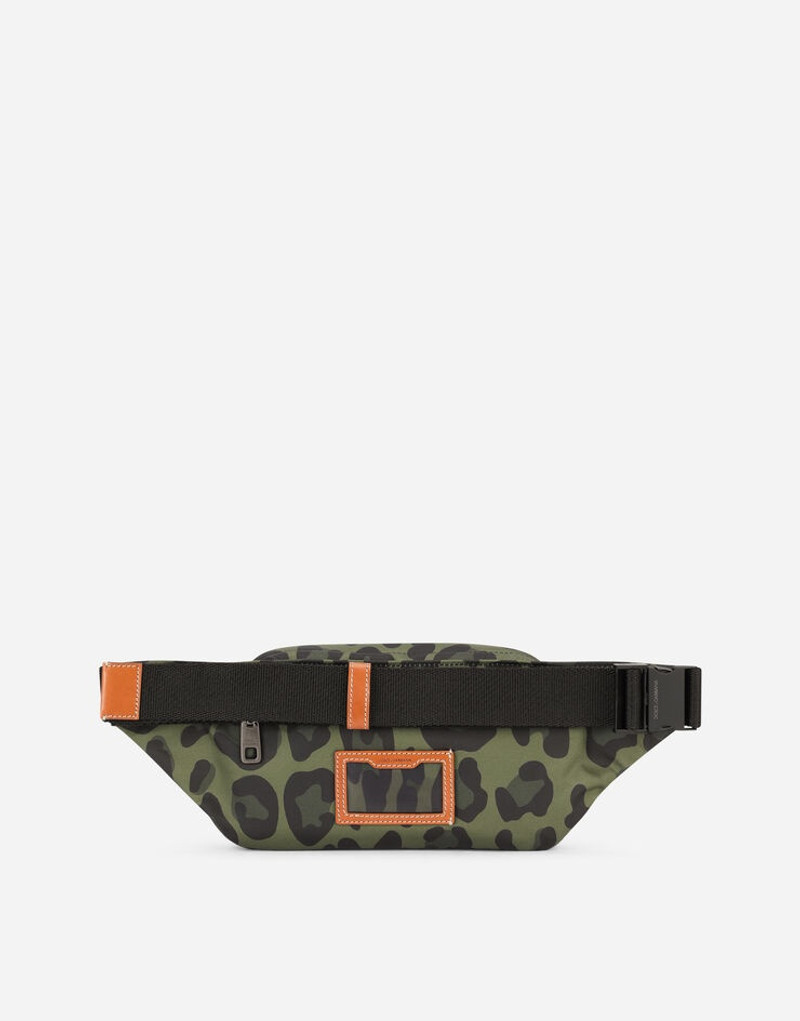 Nylon belt bag with leopard print against a green background and branded plate 4