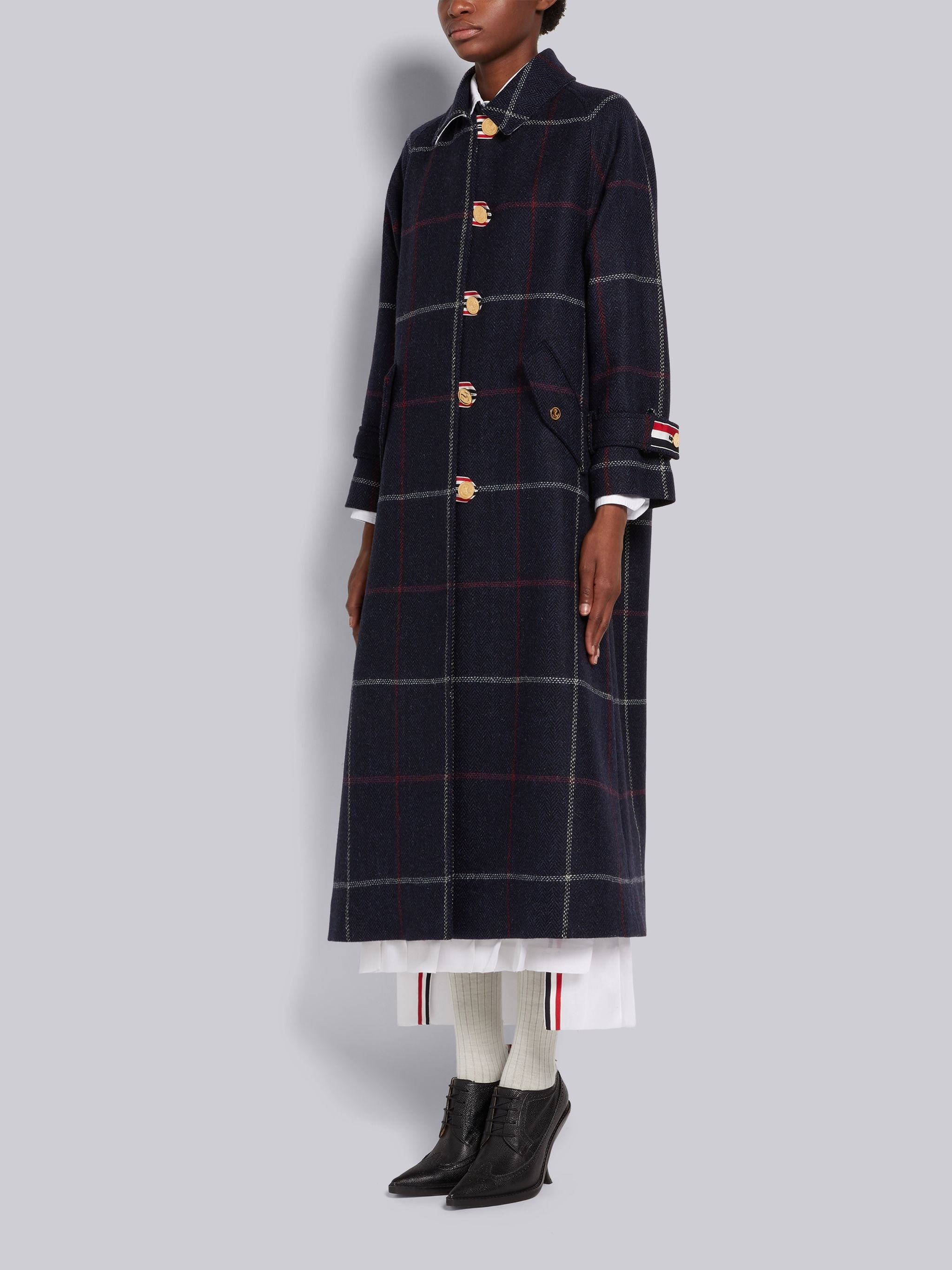 Navy Herringbone Windowpane British Wool Toggle Closure Raglan Sleeve Duffle Overcoat - 2