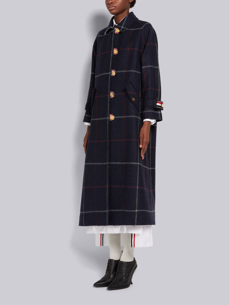 Thom Browne Navy Herringbone Windowpane British Wool Toggle Closure Raglan Sleeve Duffle Overcoat outlook