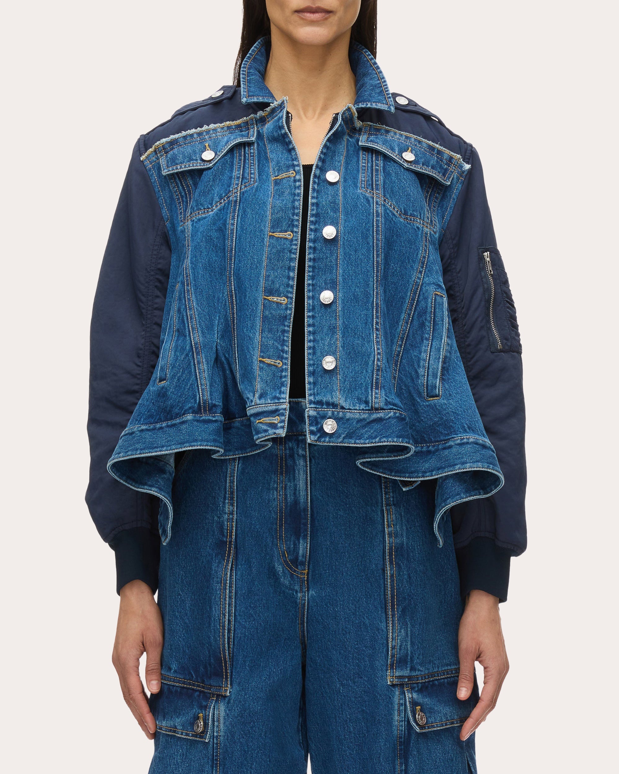 Ruffle-Hem Paneled Denim Flight Jacket - 1