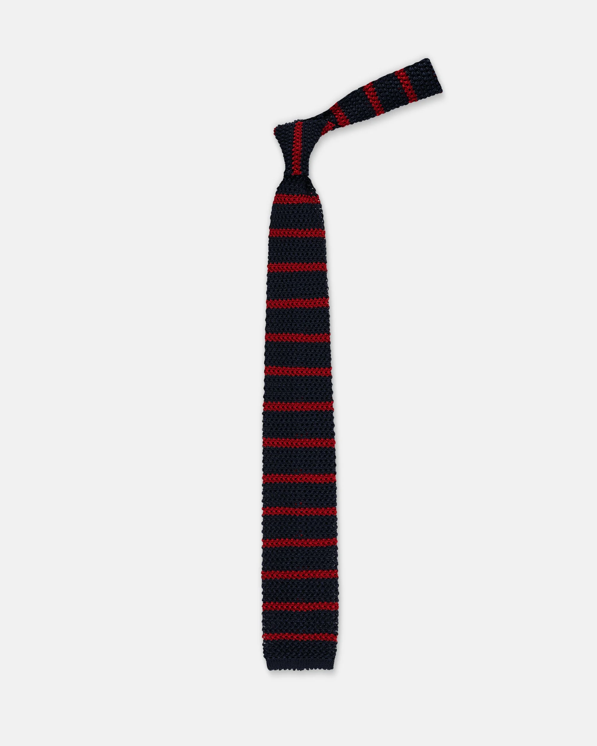MADE-IN-ITALY NAVY & BURGUNDY BAR STRIPE SILK KNIT TIE - 1