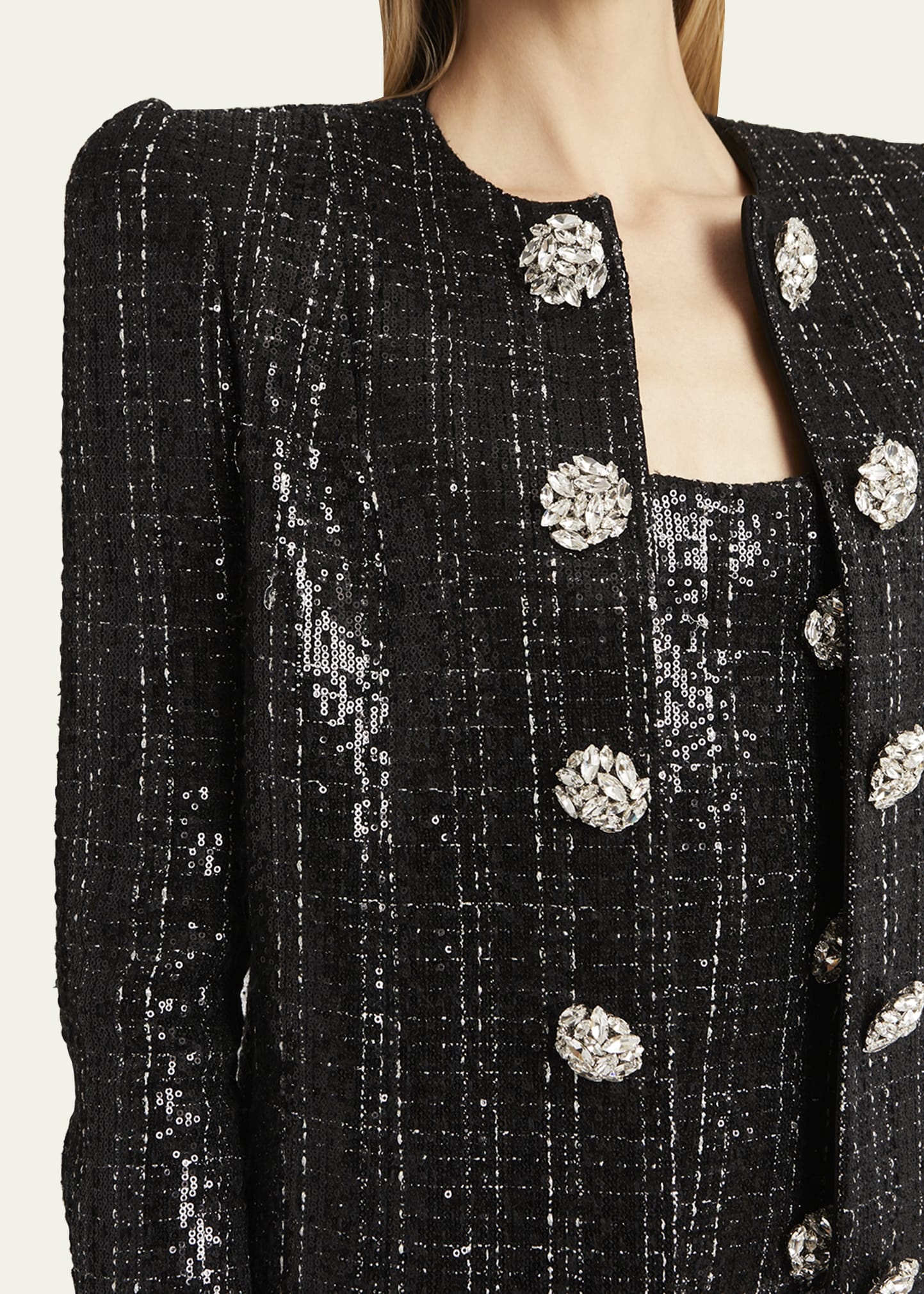 Collarless Sequined Tweed Jacket with Jewel Buttons - 5