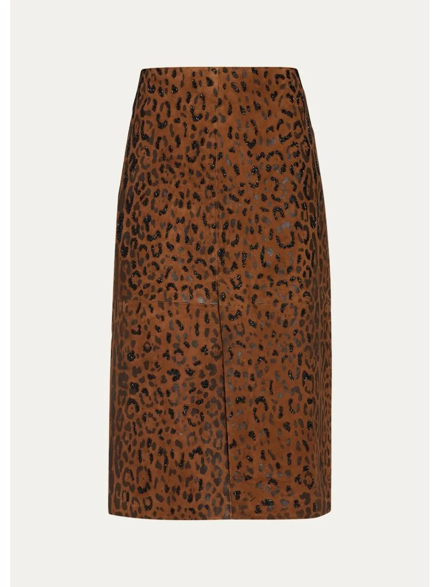 Melissa Beaded Leopard Suede Midi Skirt - 1