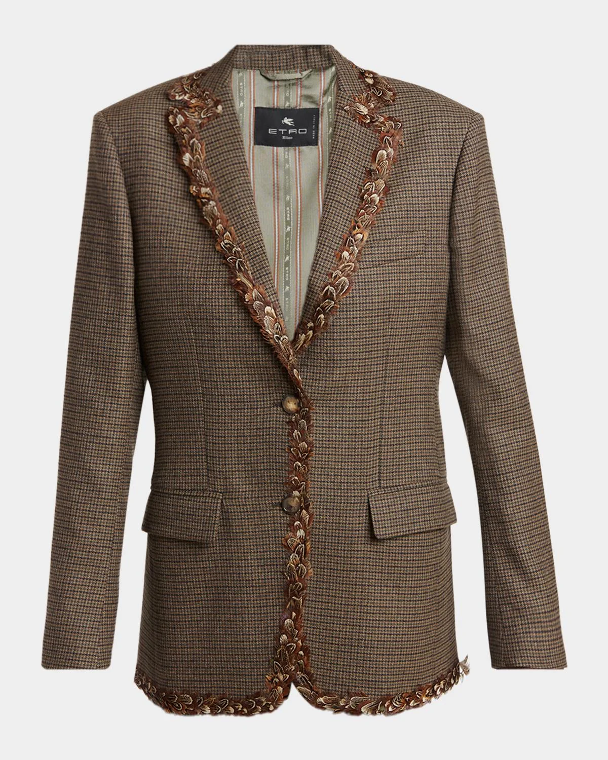 Feather-Trim Houndstooth Wool Single-Breasted Jacket - 1