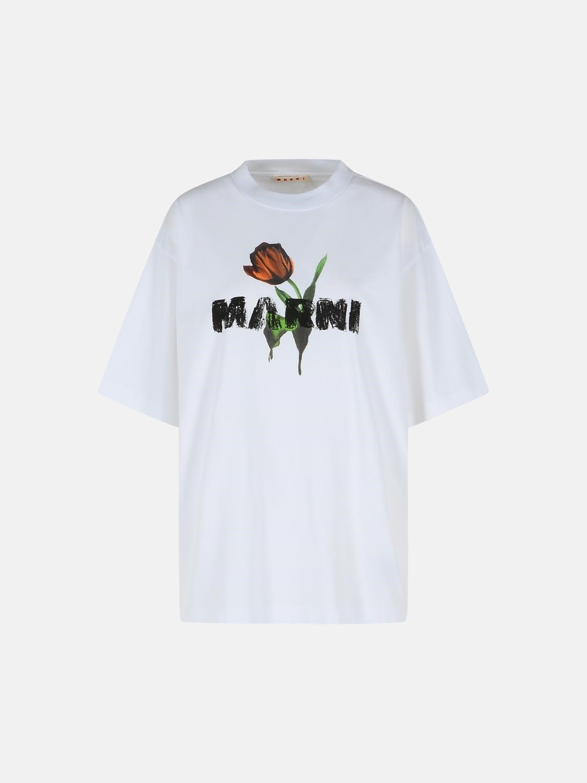 WHITE COTTON T-SHIRT WITH TULIP PRINT - 1