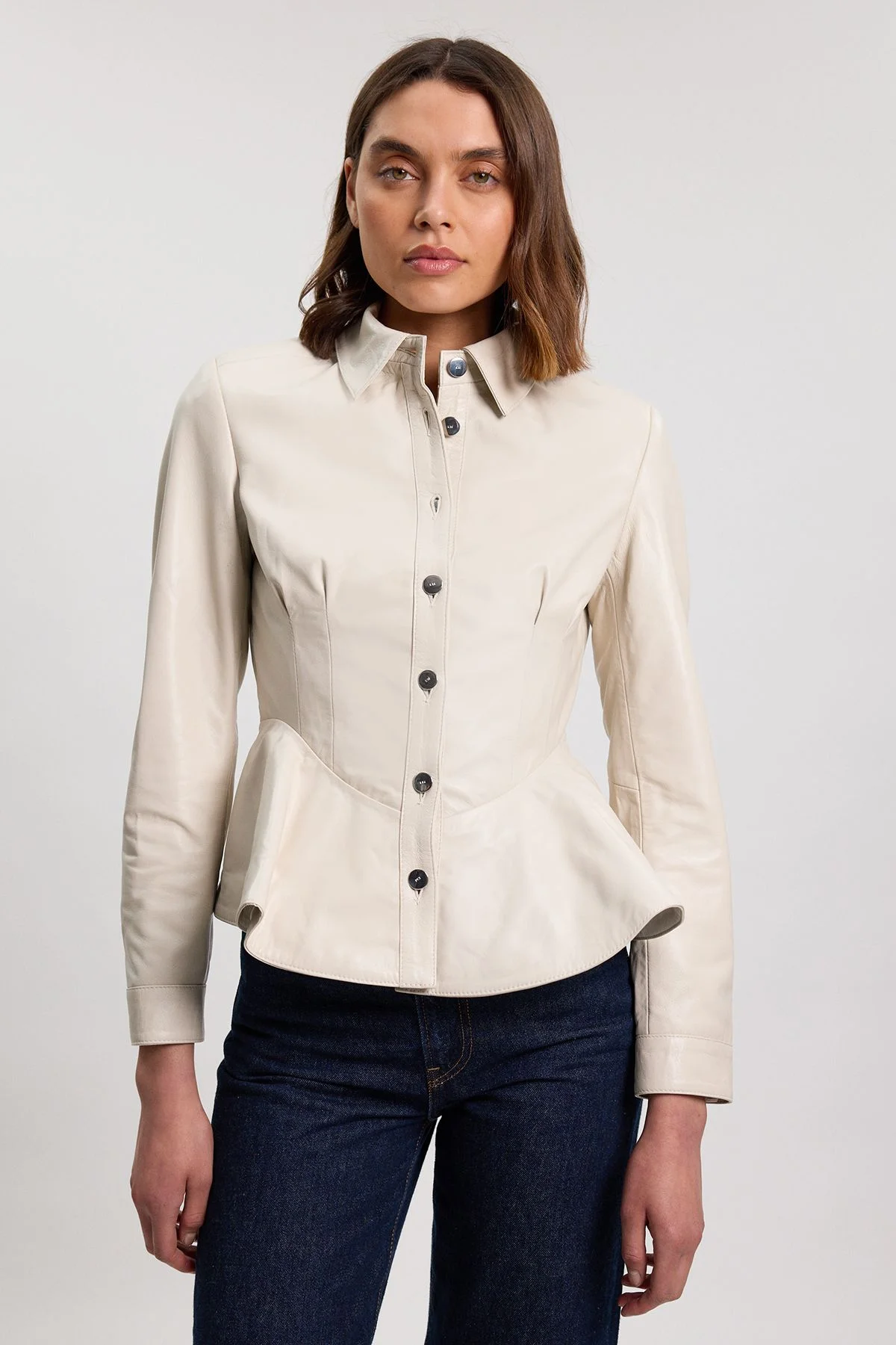 Leather Peplum Buttoned Shirt - 1