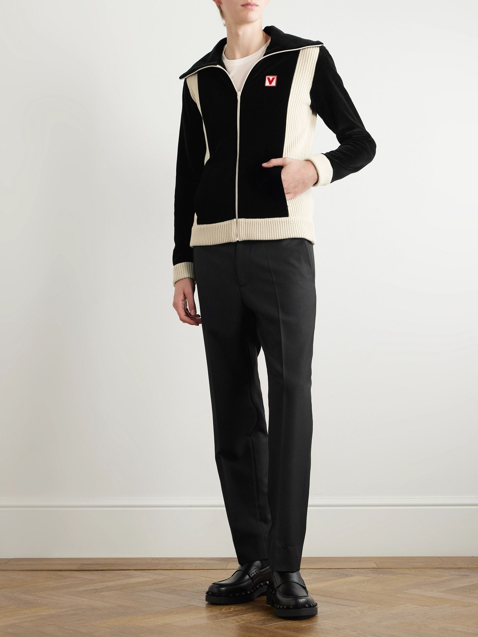 Slim-Fit Ribbed Wool-Trimmed Cotton-Blend Velour Track Jacket Black - 2