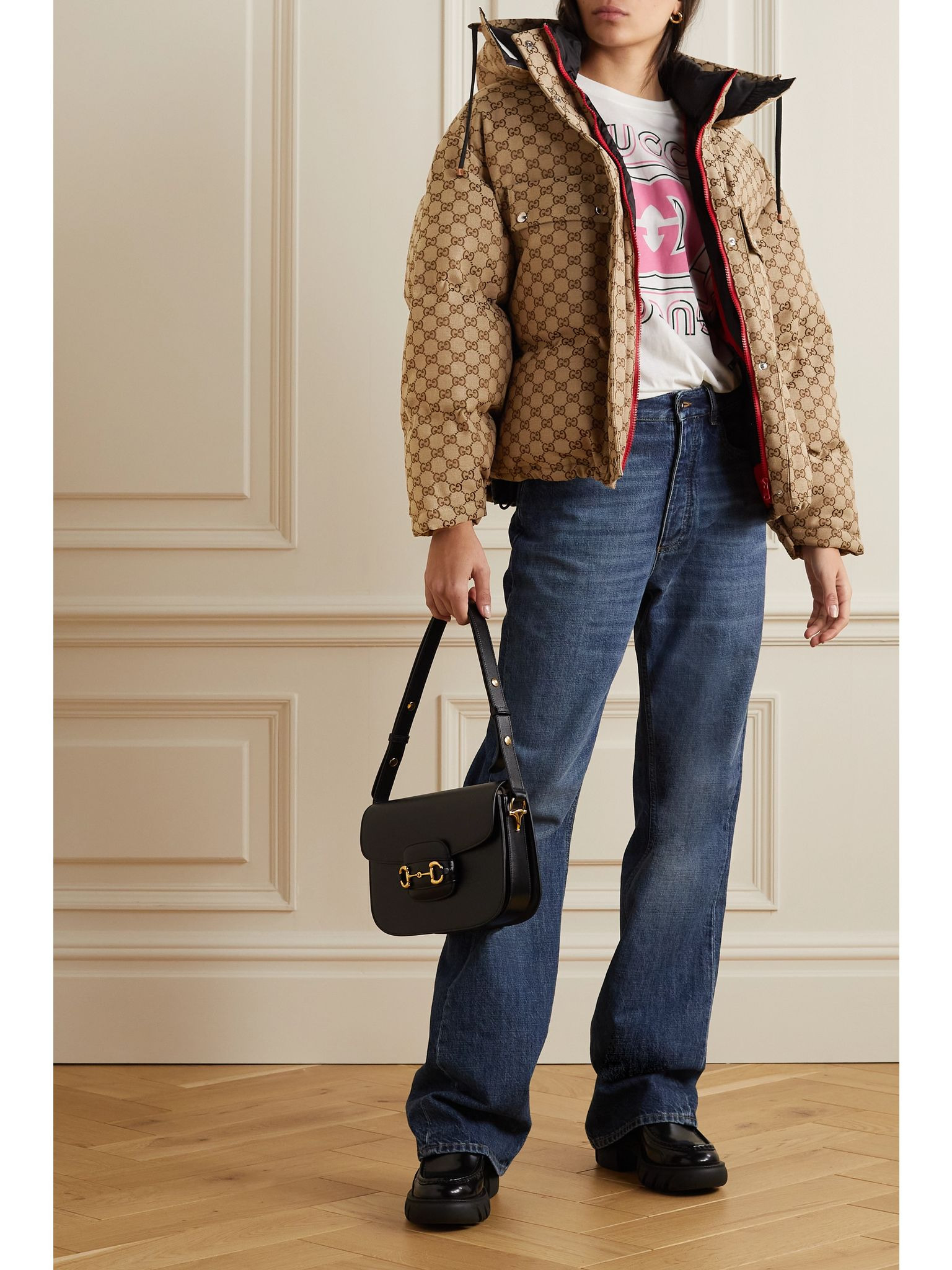 Hooded padded cotton-blend logo-jacquard down jacket Camel - 2