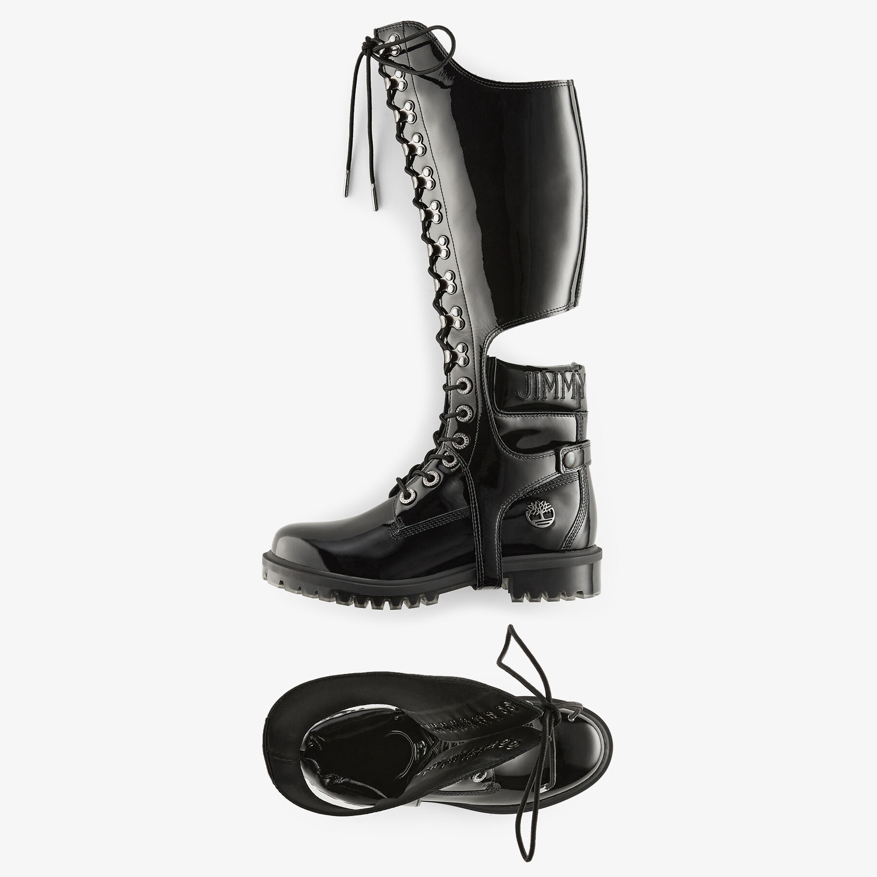 JIMMY CHOO X TIMBERLAND PATENT LEATHER HARNESS BOOT
Black Timberland Patent Knee High Boots with Det - 7