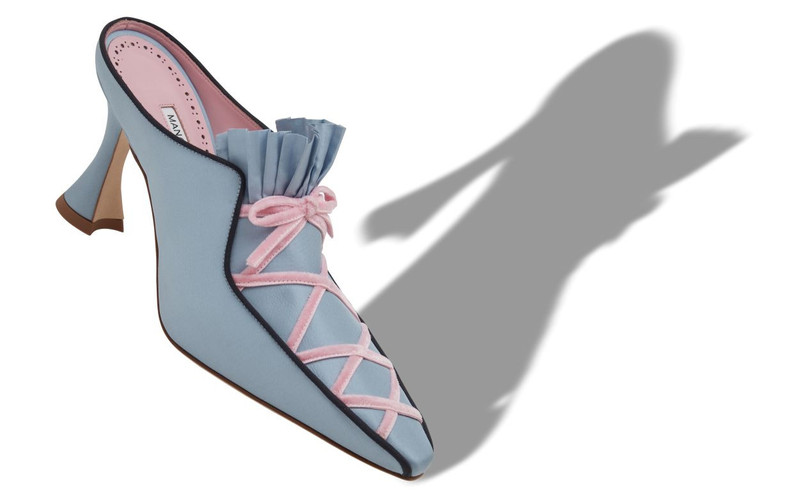 Manolo Blahnik Blue Silk Criss-Cross Detail Mules outlook