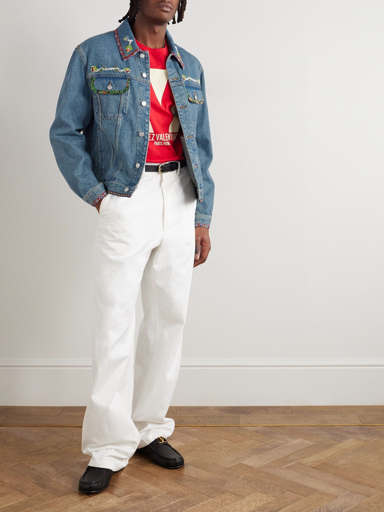 Bead-Embellished Floral-Trimmed Denim Jacket Blue - 2