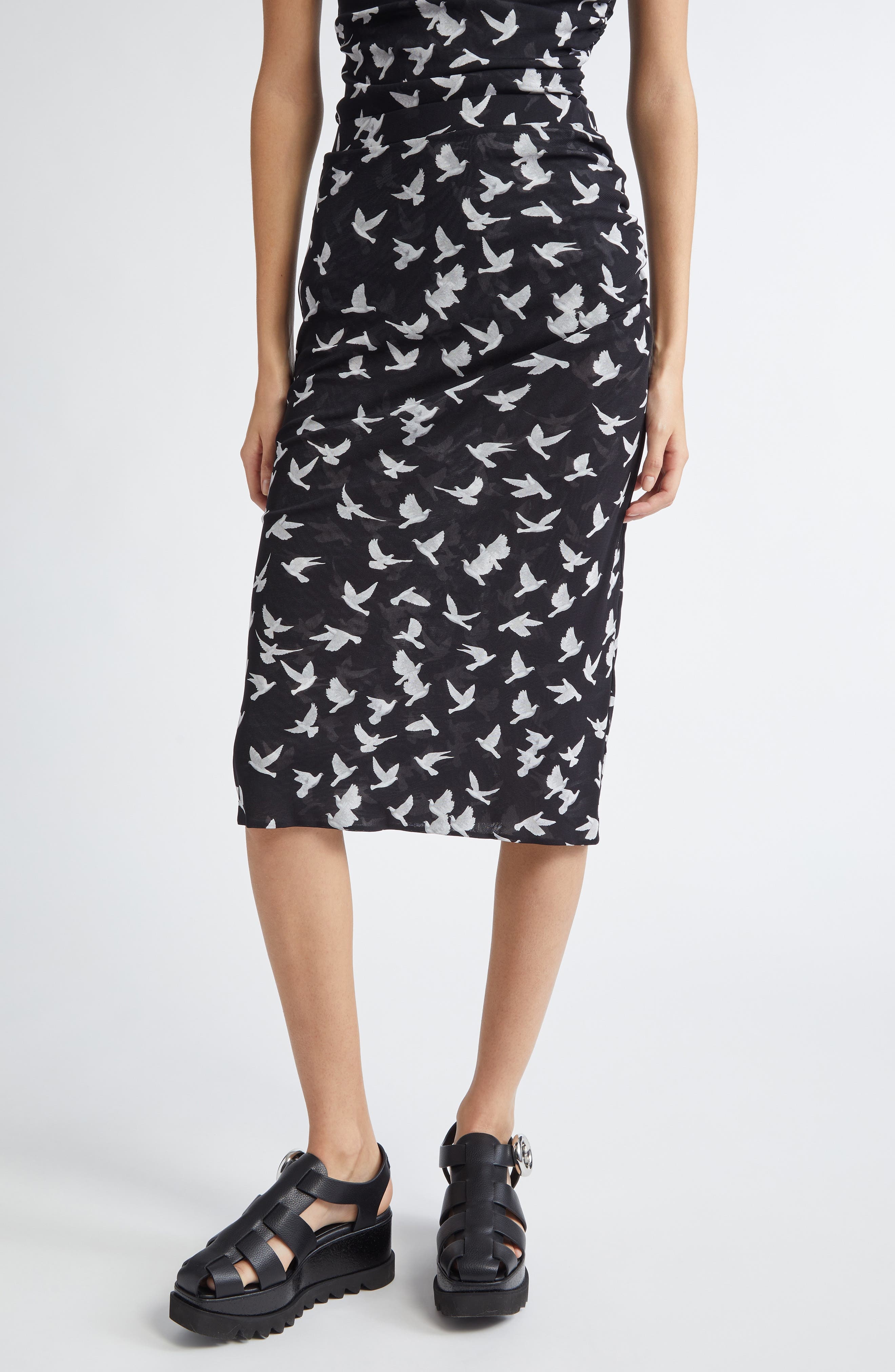 Stella McCartney Flying Bird Haze Gathered Mesh Midi Skirt in Black at Nordstrom - 1