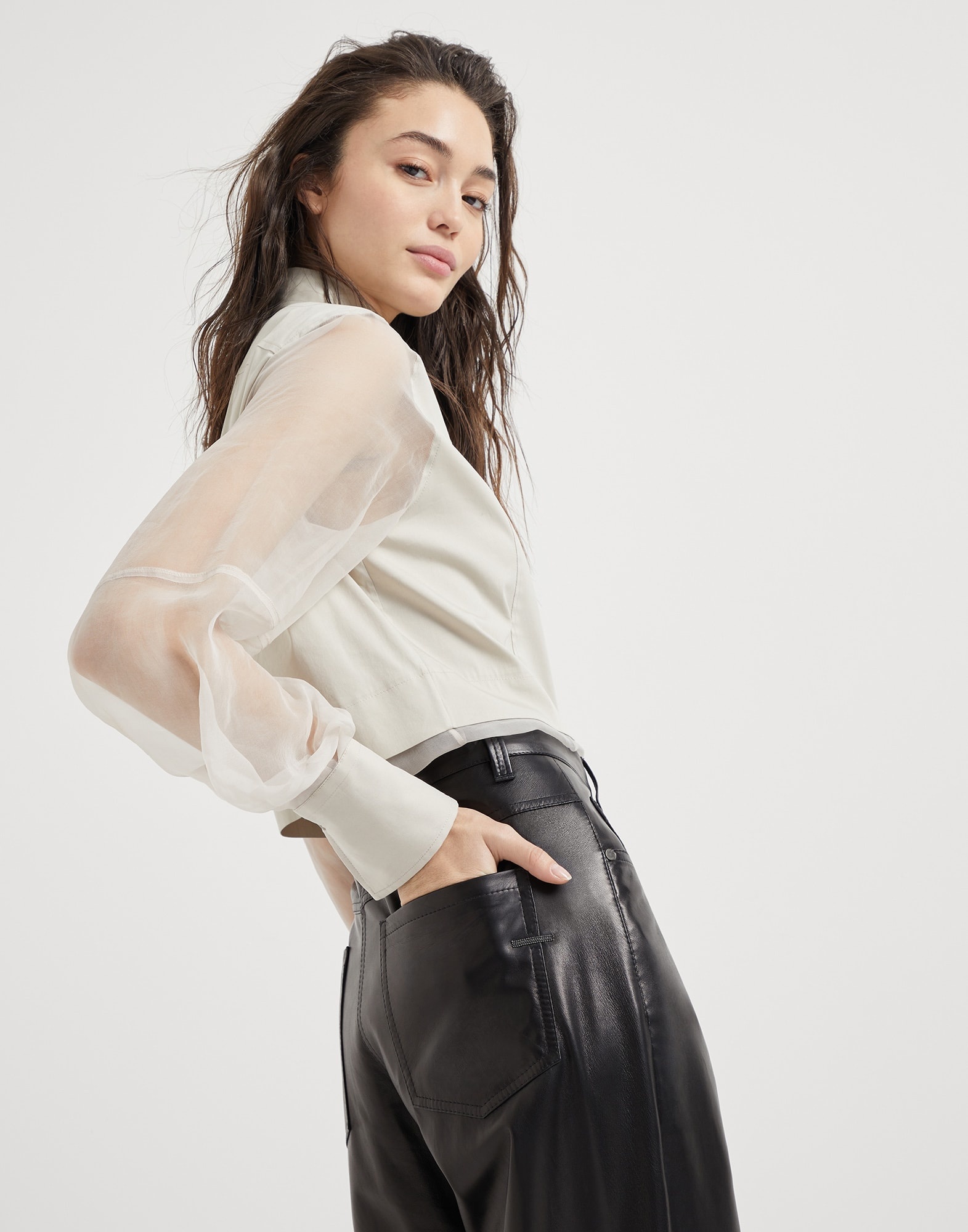 Smooth nappa leather wide five-pocket trousers with shiny tab - 3