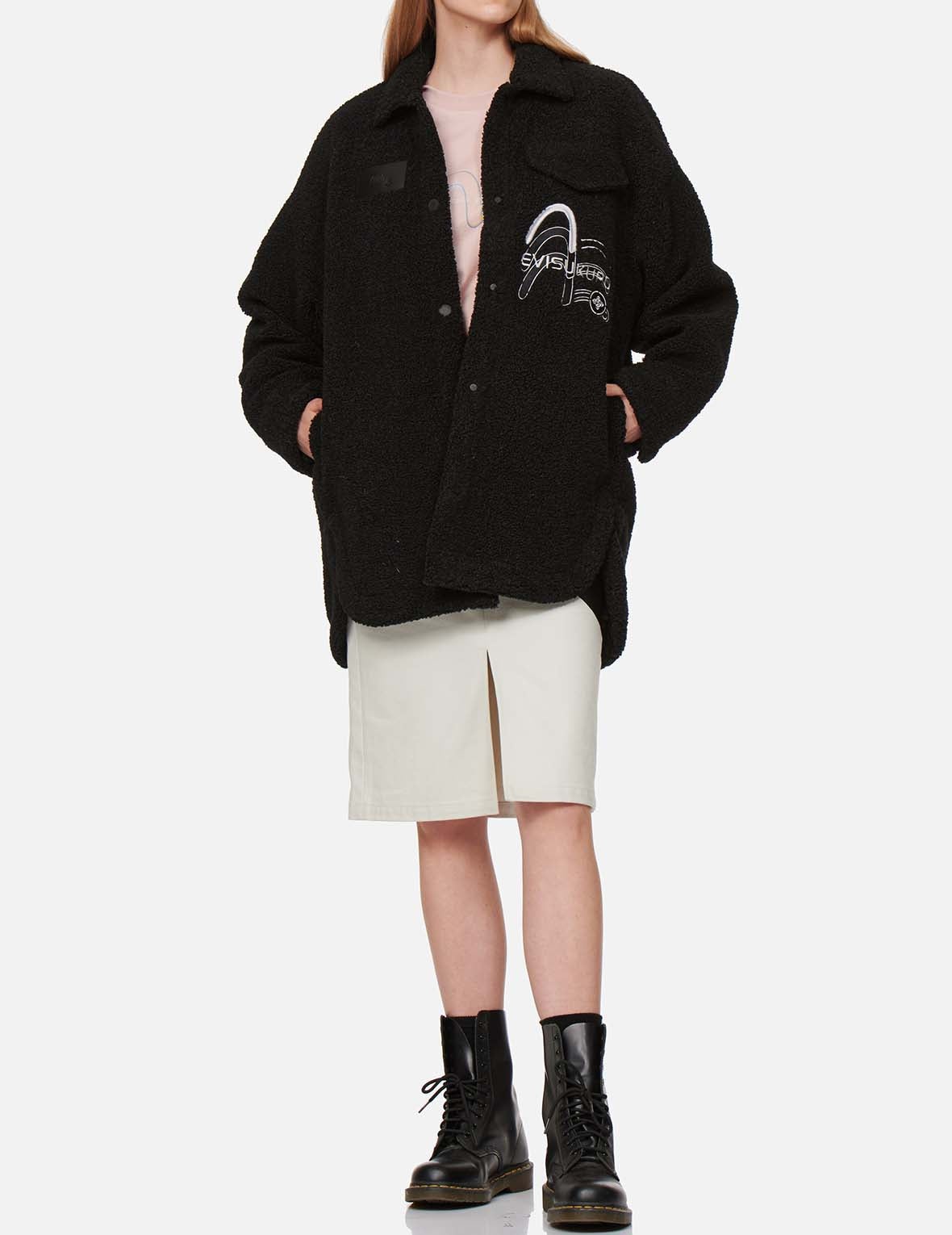 Triple Seagull Embroidered Light-padded Sherpa Fleece Shirt Jacket - 5