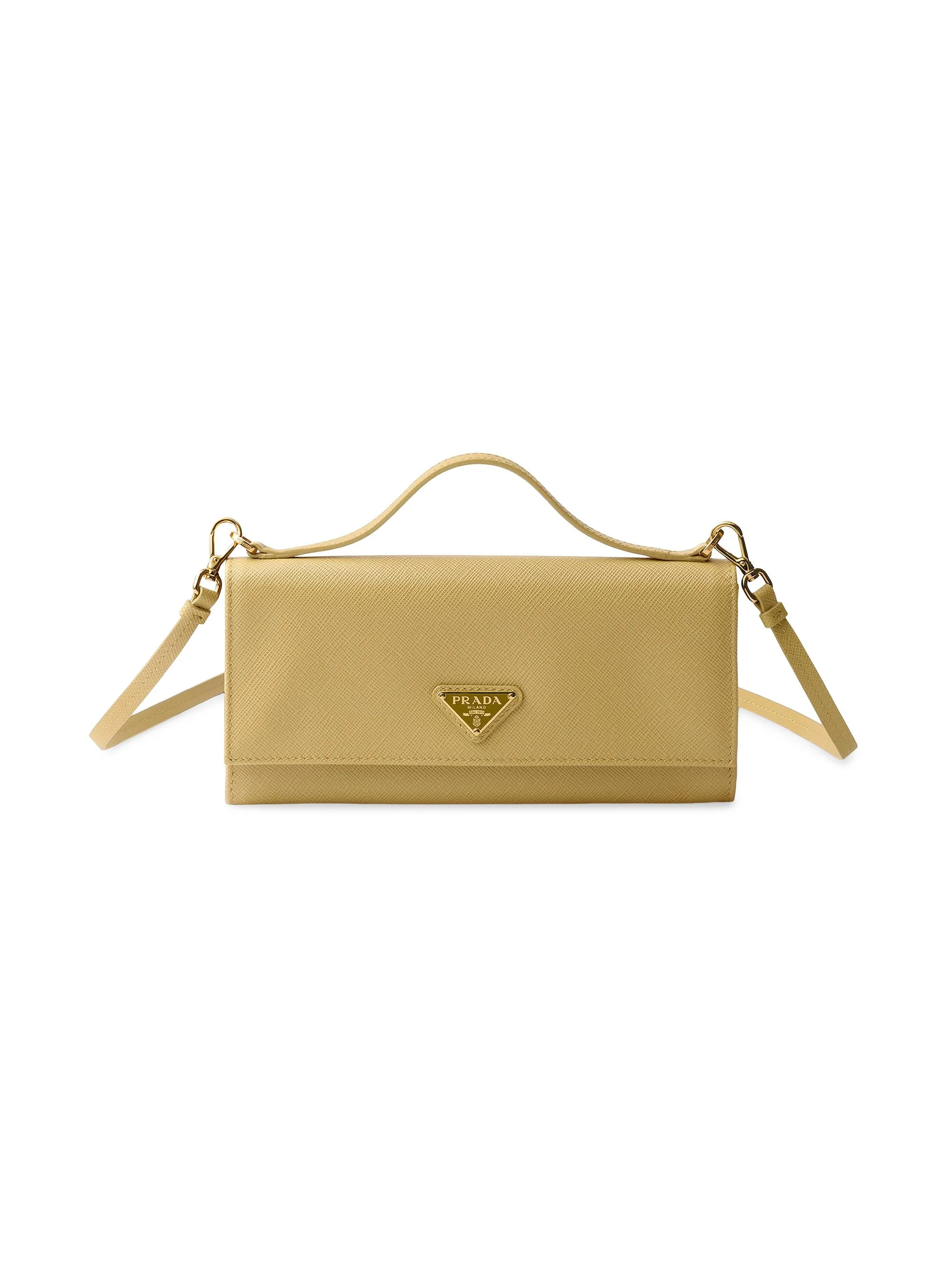 Women's Saffiano Leather Wallet with Shoulder Strap - Yellow - 1